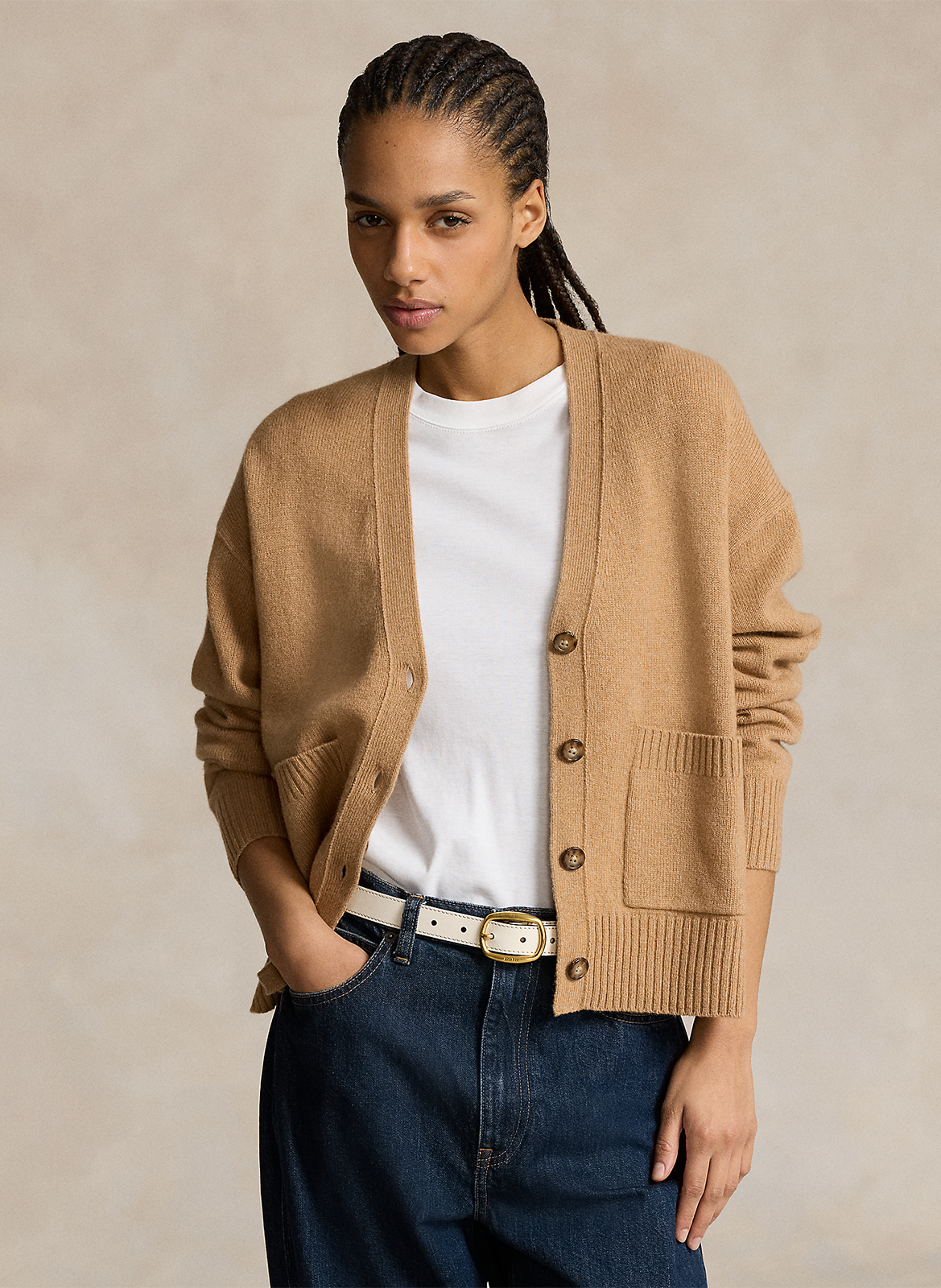 Gilet droit col V en laine et cachemire mélangé POLO RALPH LAUREN Beige