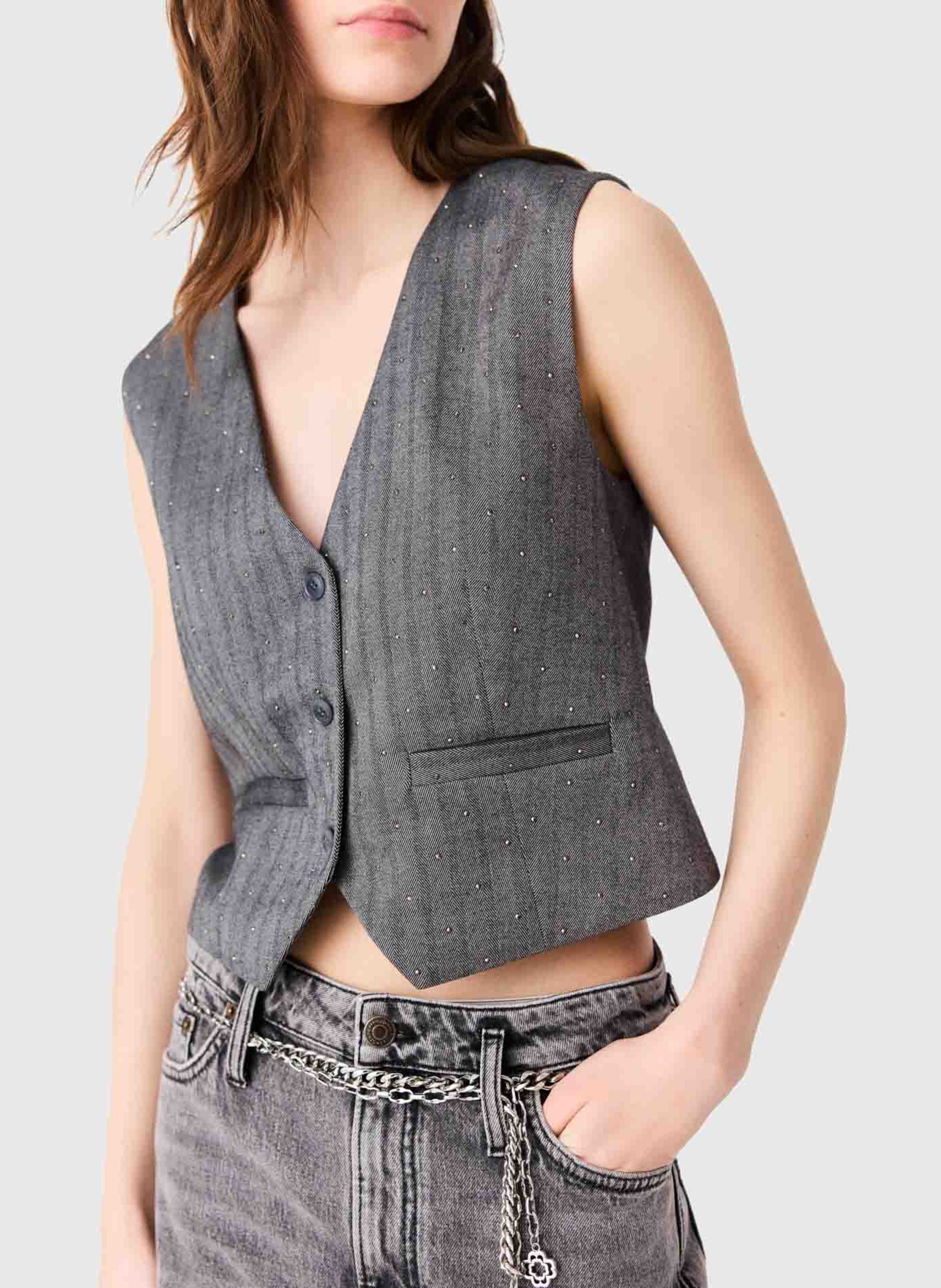 Gilet tailleur col V rayé MAJE Gris