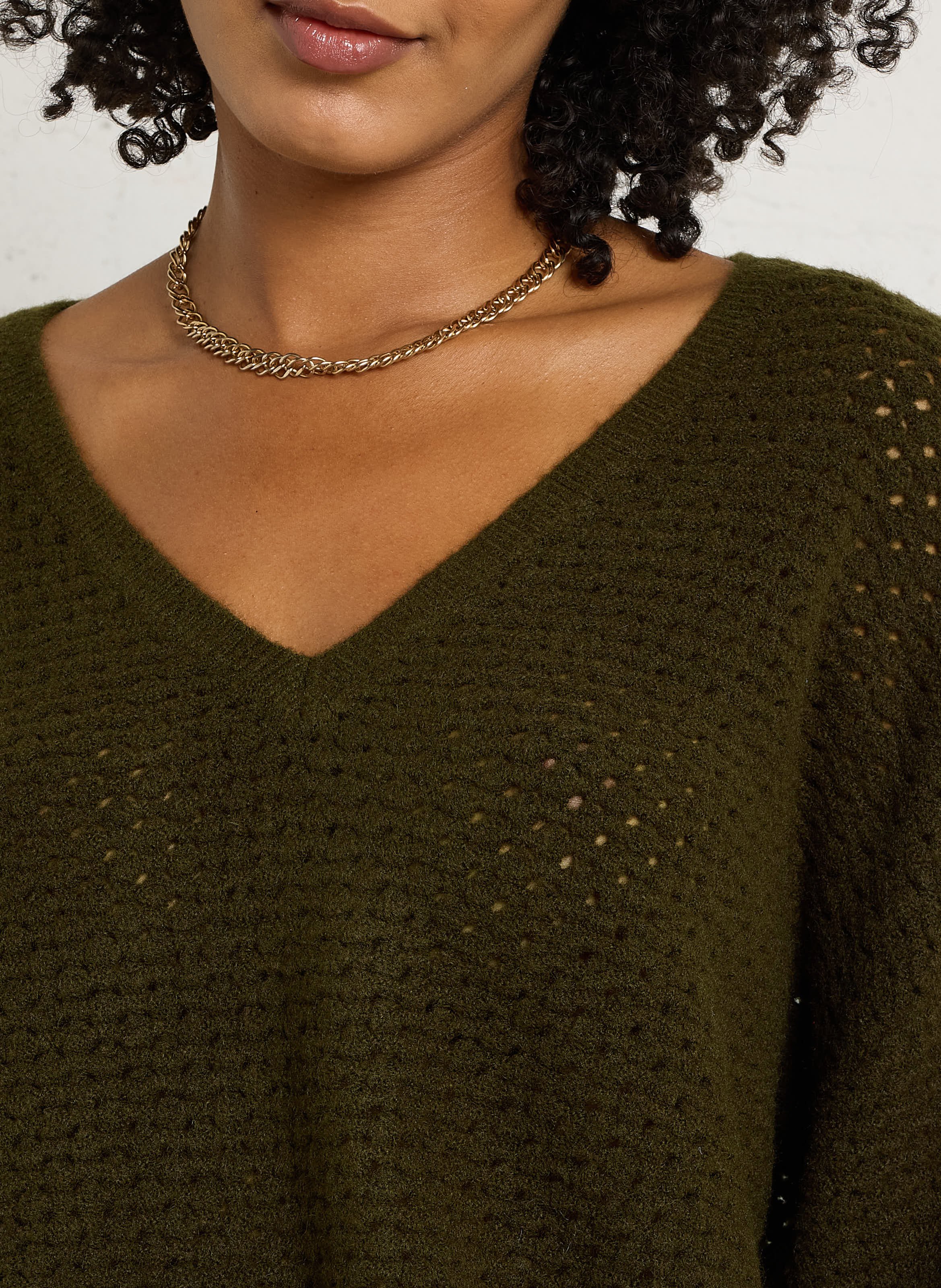 Pull oversize ajouré col V LA PETITE ETOILE Kaki