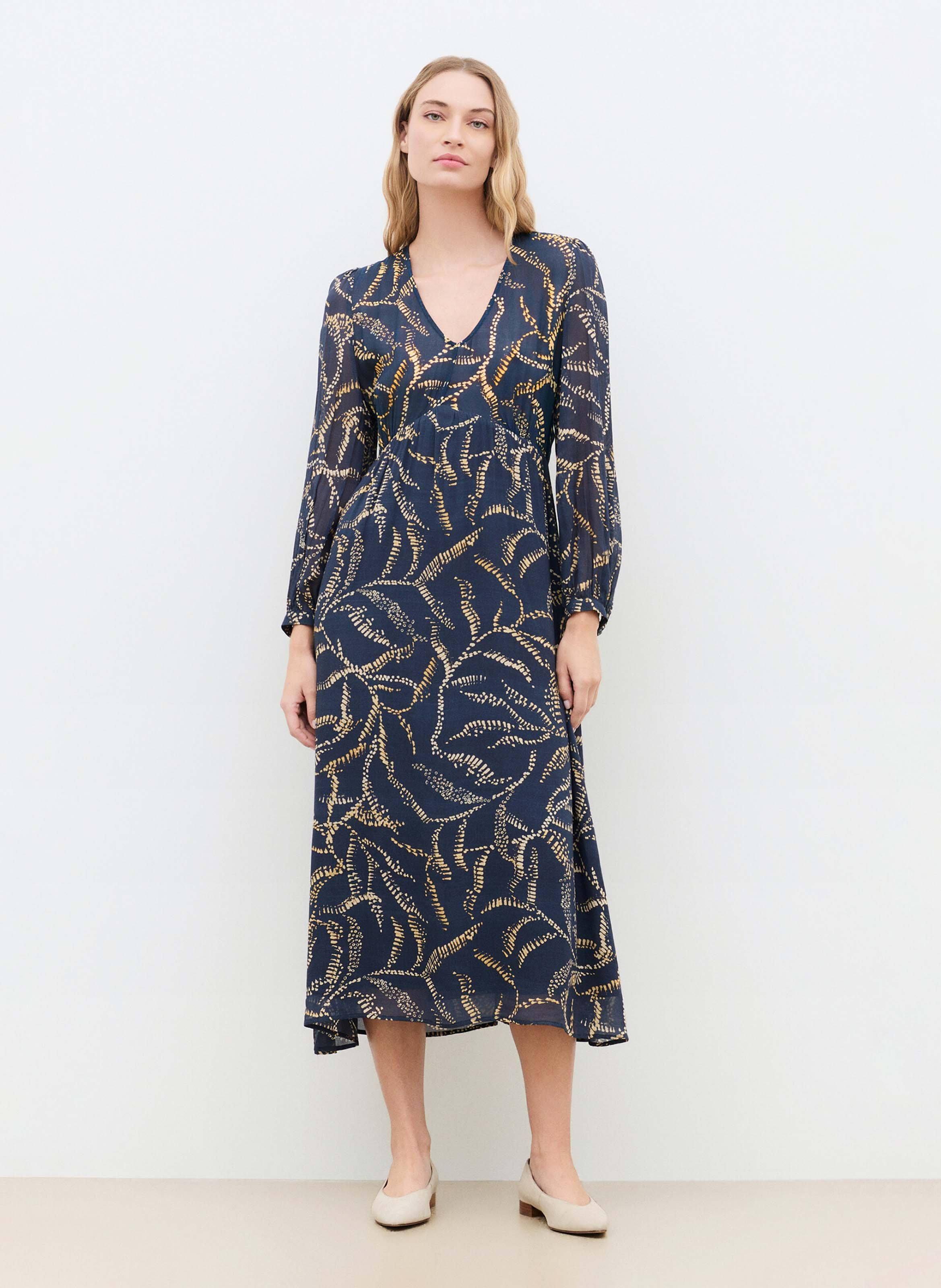 Lange jurk met V-hals en print CAROLL Blauw
