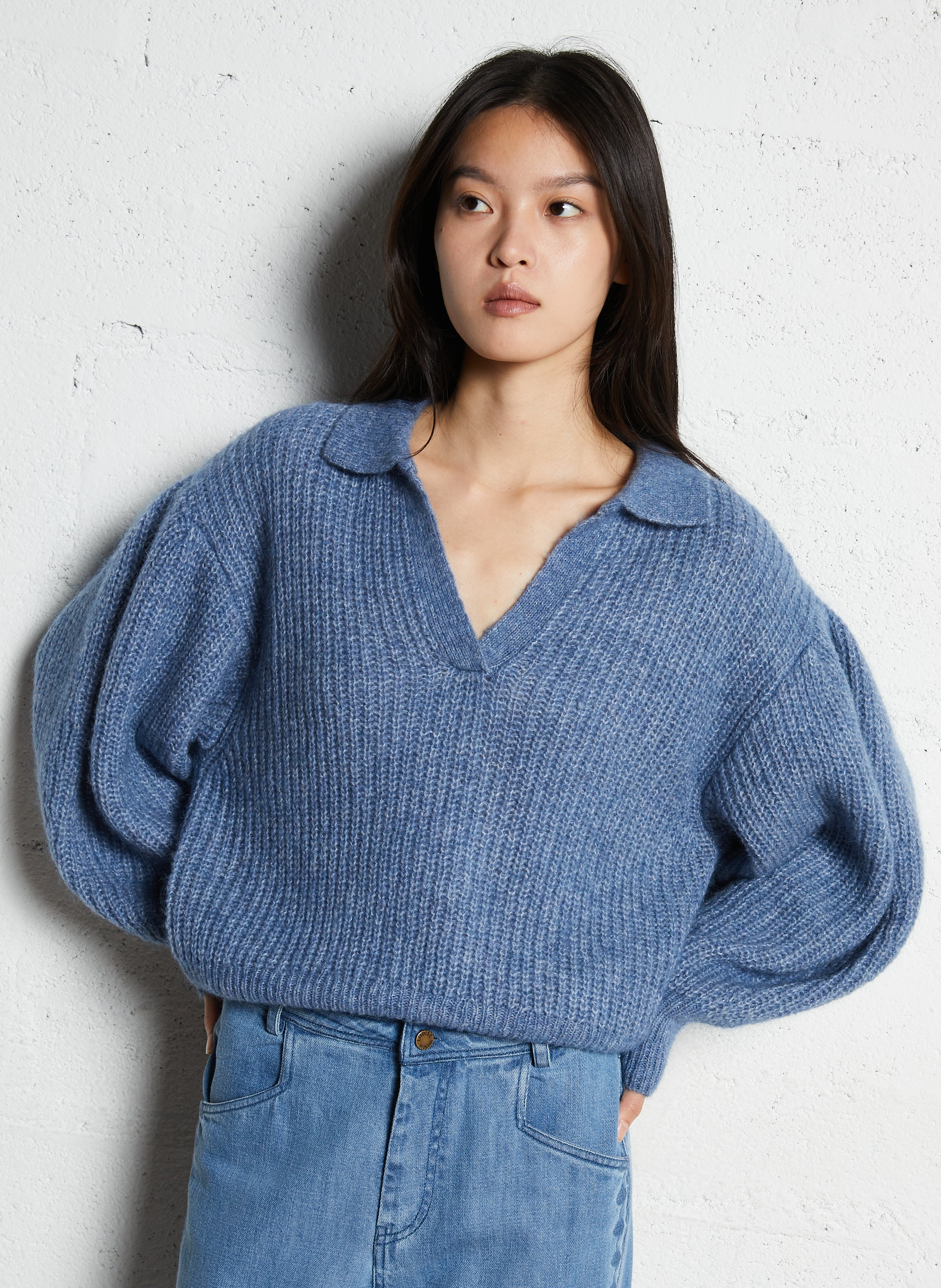 Pull col polo ample en maille unie LOUISE MISHA Bleu