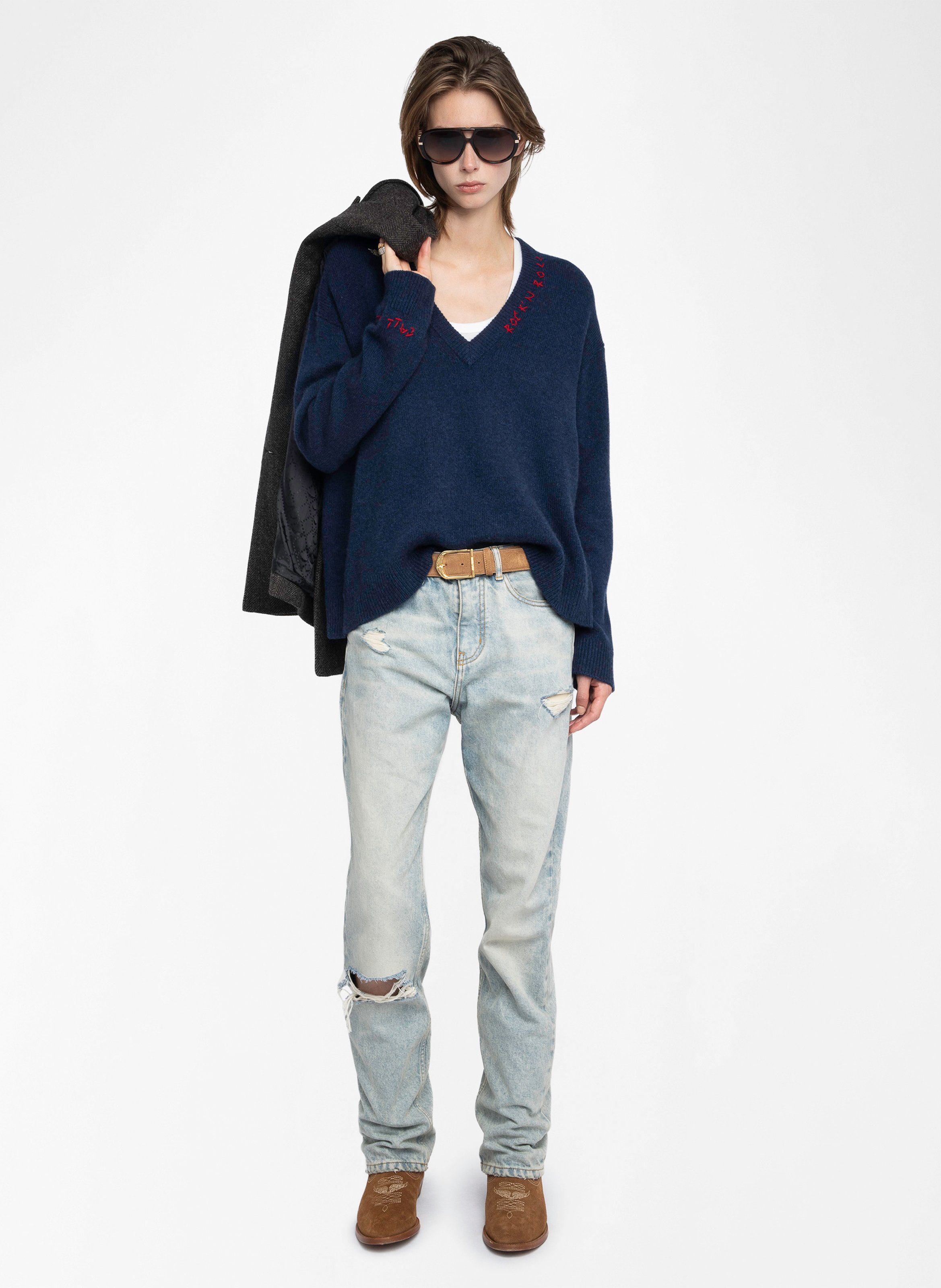 Kasjmier trui met V-hals Blauw