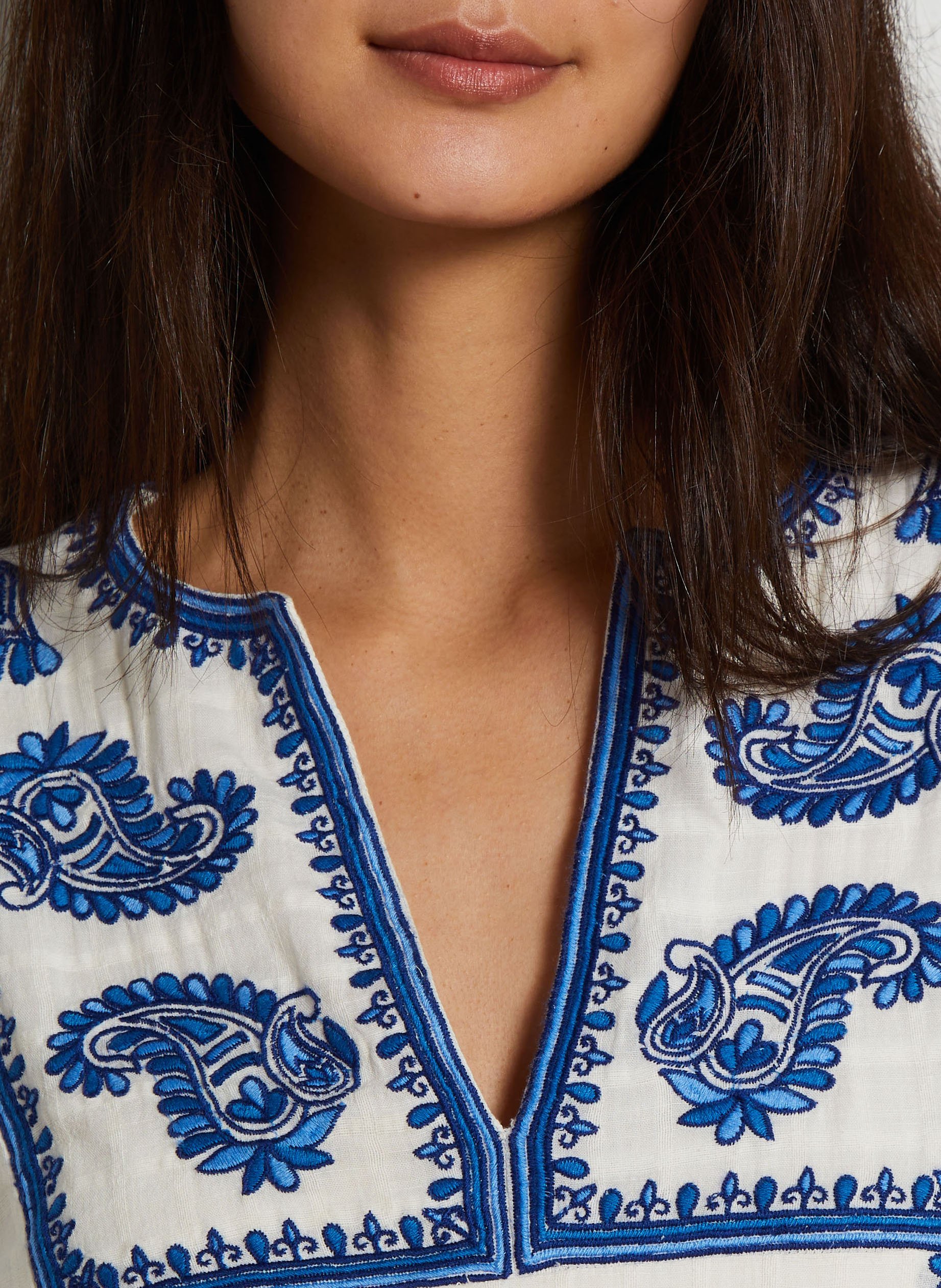 Robe courte col V en coton Bleu