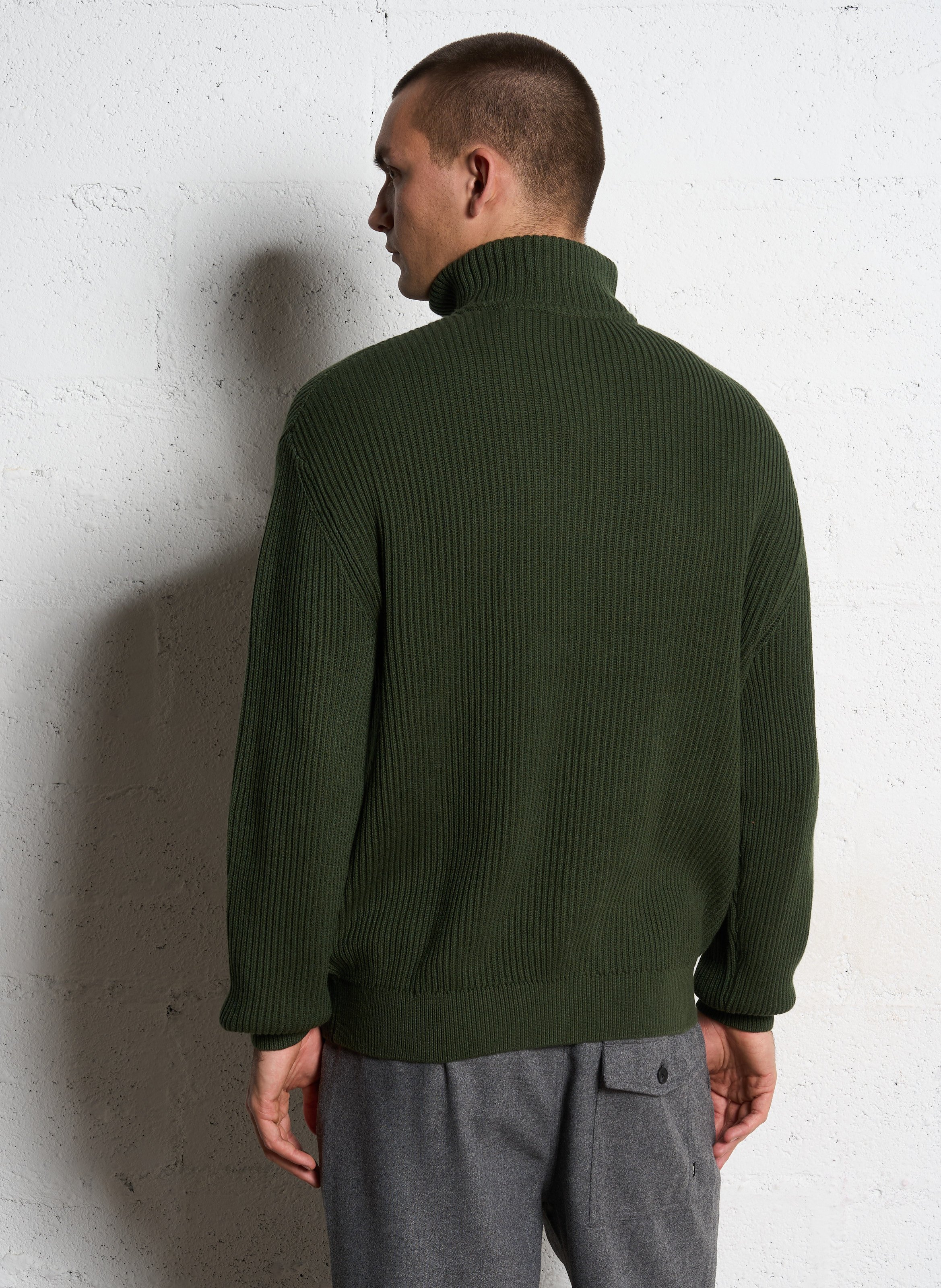 High-neck straight-cut cotton sweater SOLID Green