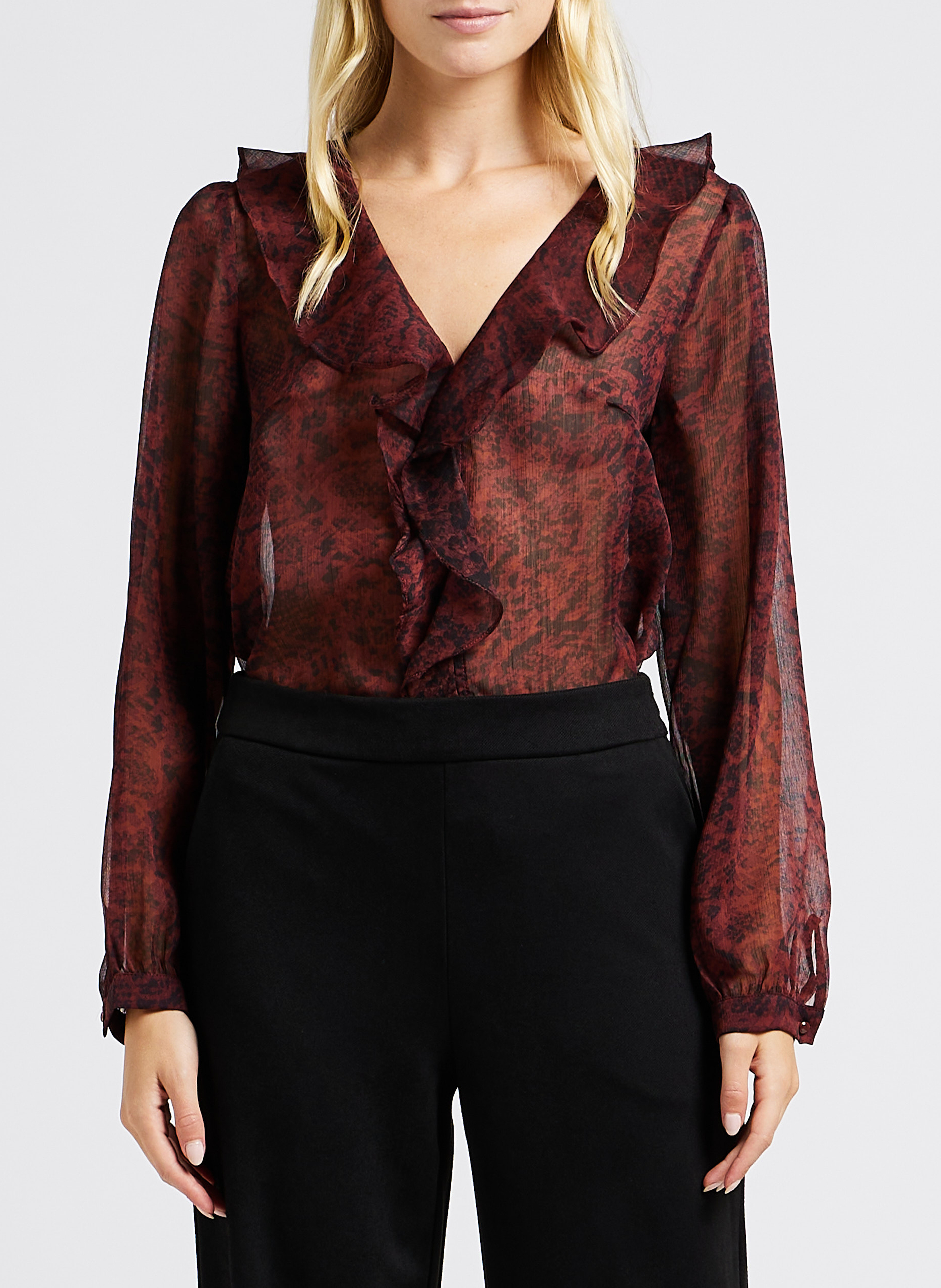 Top col V imprimé python à volants  GRACE ET MILA Violet