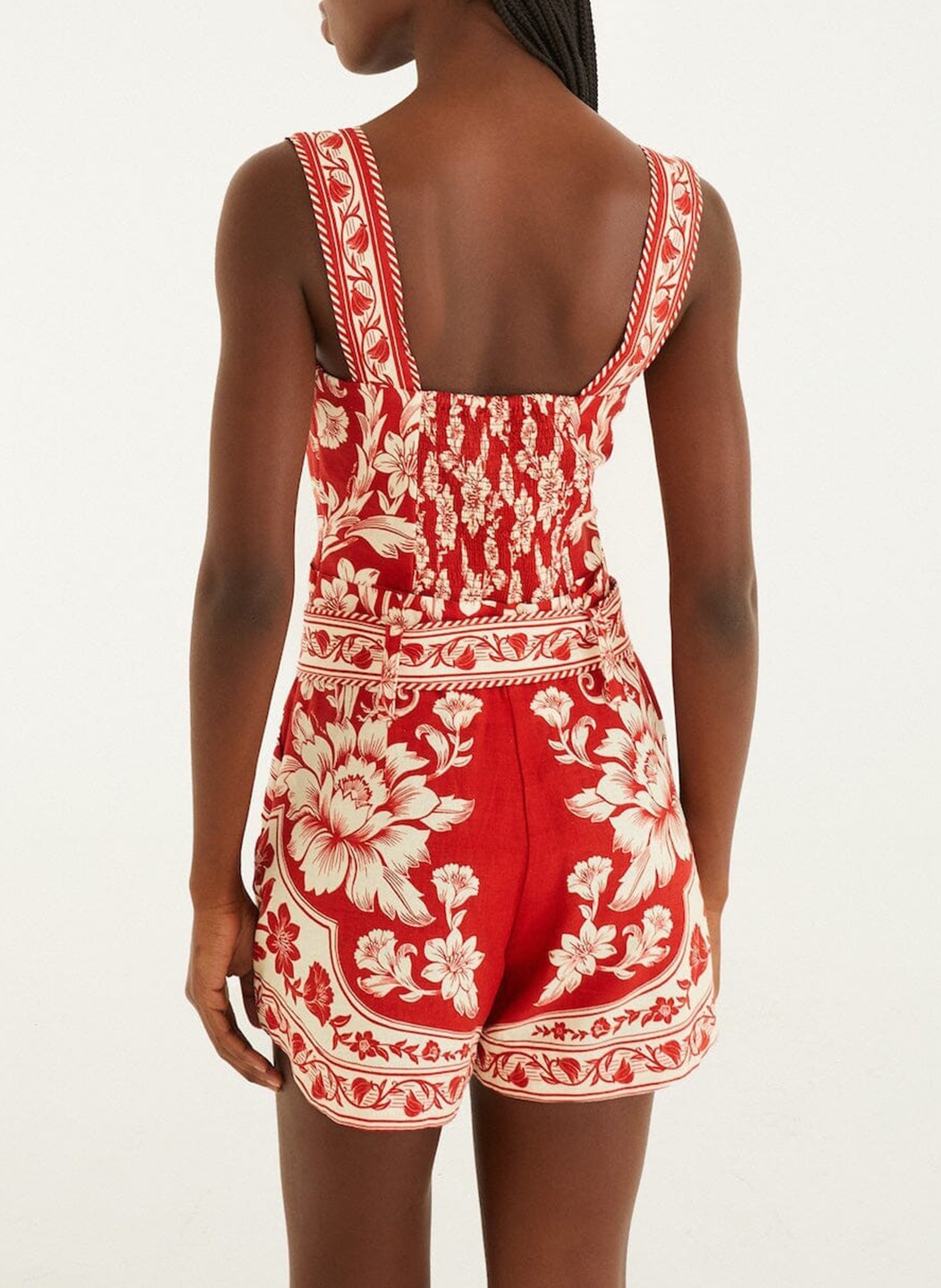 Printed short jumpsuit in blended linen. FARM RIO Red