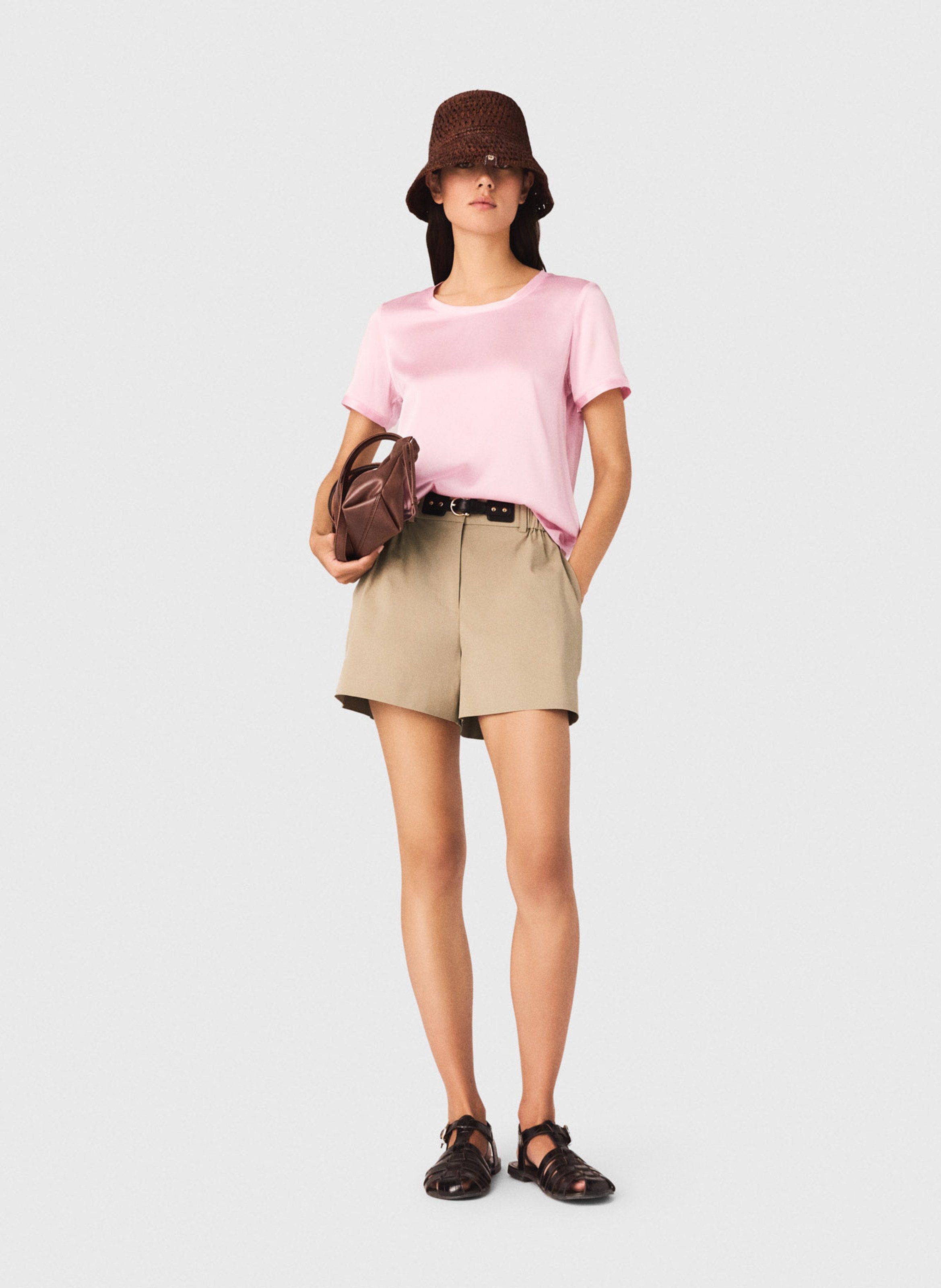 T-shirt droit col rond en soie mélangée MAJE Rose