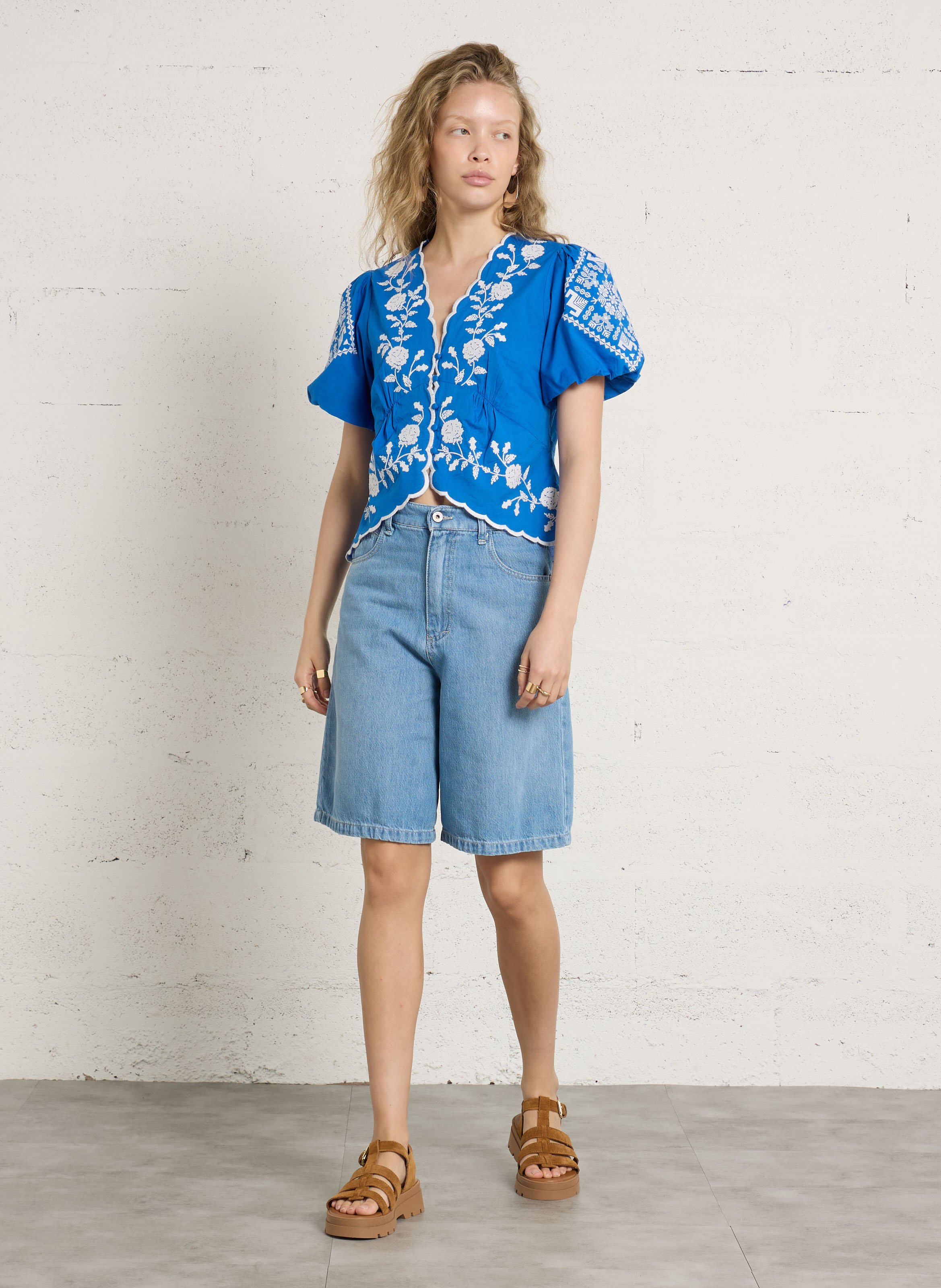 Bermuda met hoge taille in katoenmix. PLEASE Blauw