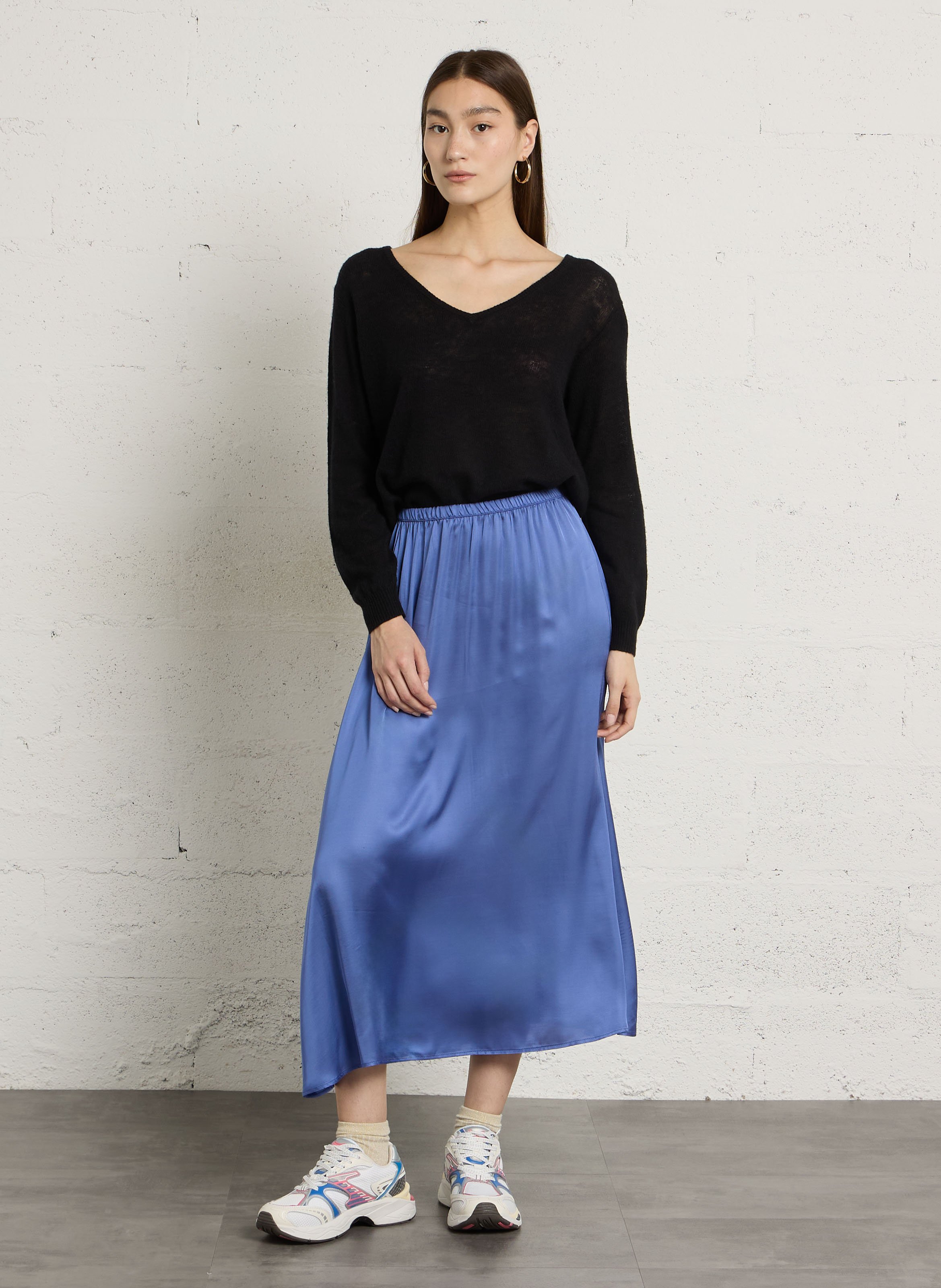 Jupe longue fluide élastiquée unie AMERICAN VINTAGE Bleu