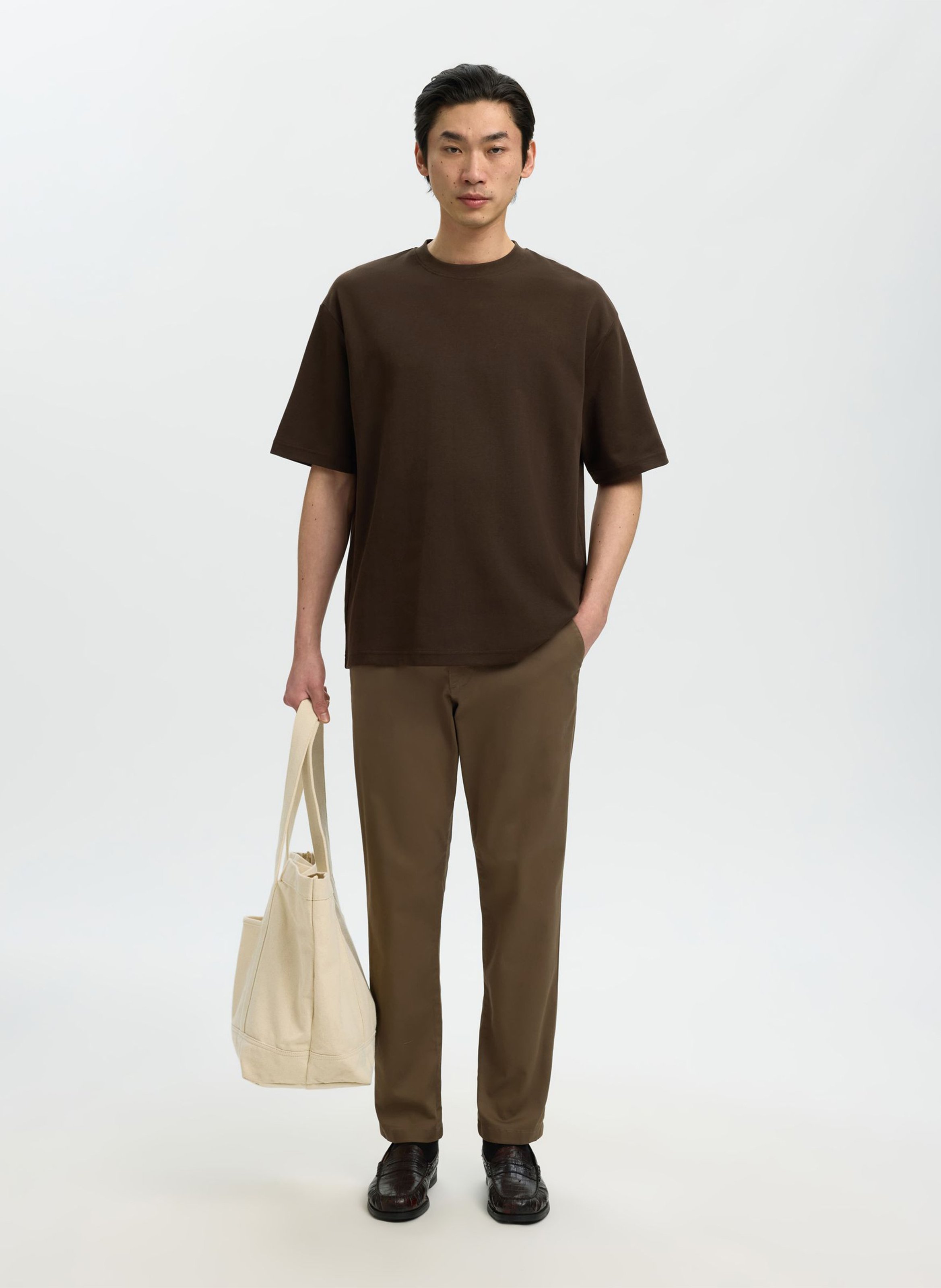 Oversized organic cotton blend t-shirt | Brown SELECTED Men