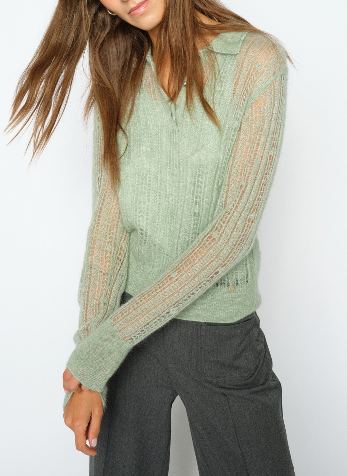 Pull col boutonné en laine mélangée MOS MOSH Vert