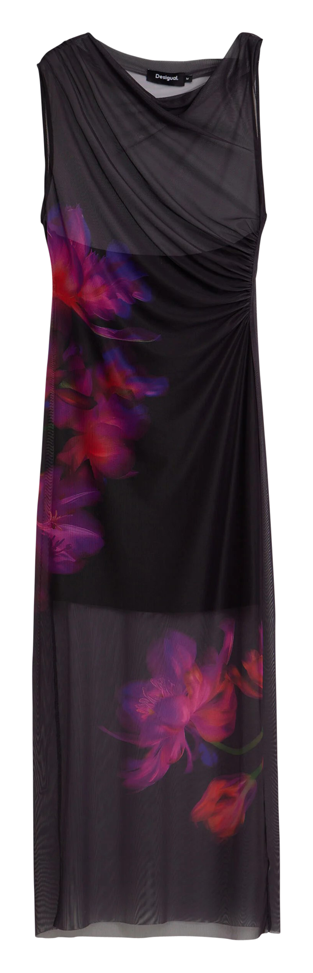 Sheer tulle dress with floral details Black Desigual Women