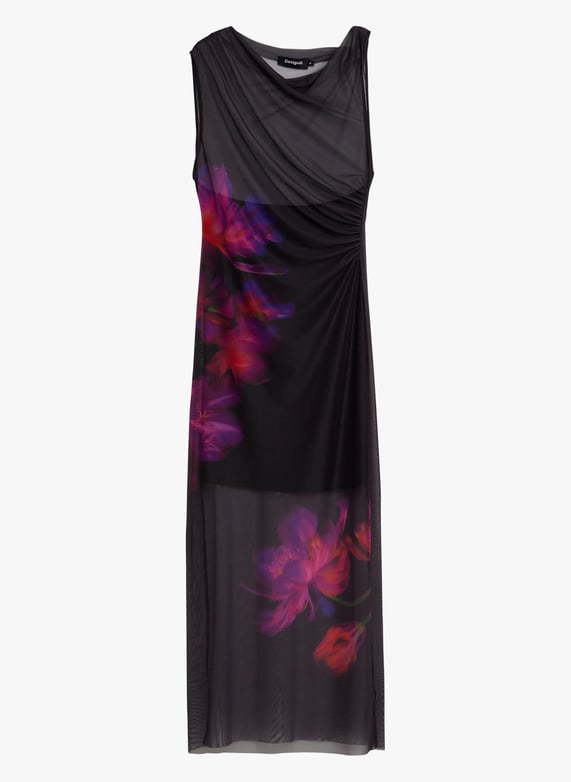 Sheer tulle dress with floral details Black Desigual Women