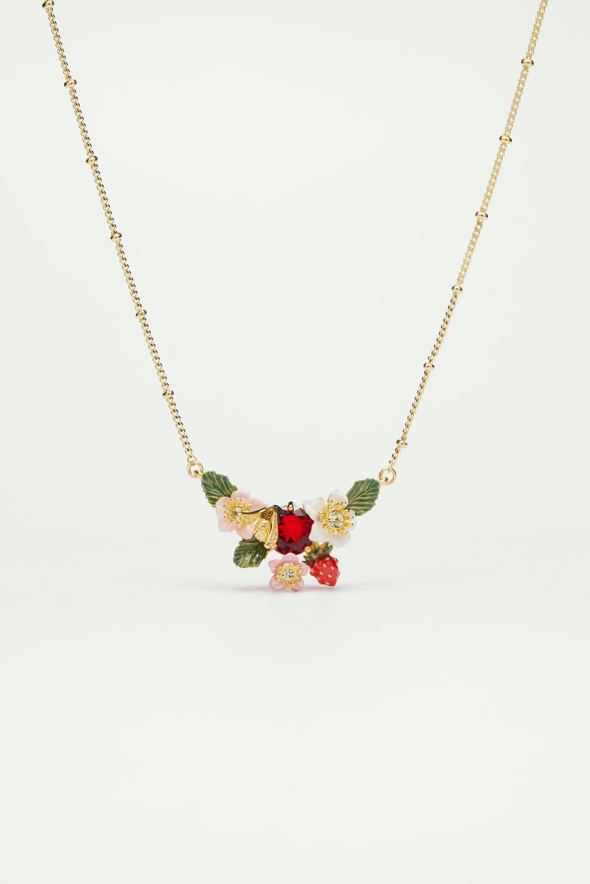 Wild strawberry, strawberry flower and bumblebee bib necklace LES NEREIDES Multicolored