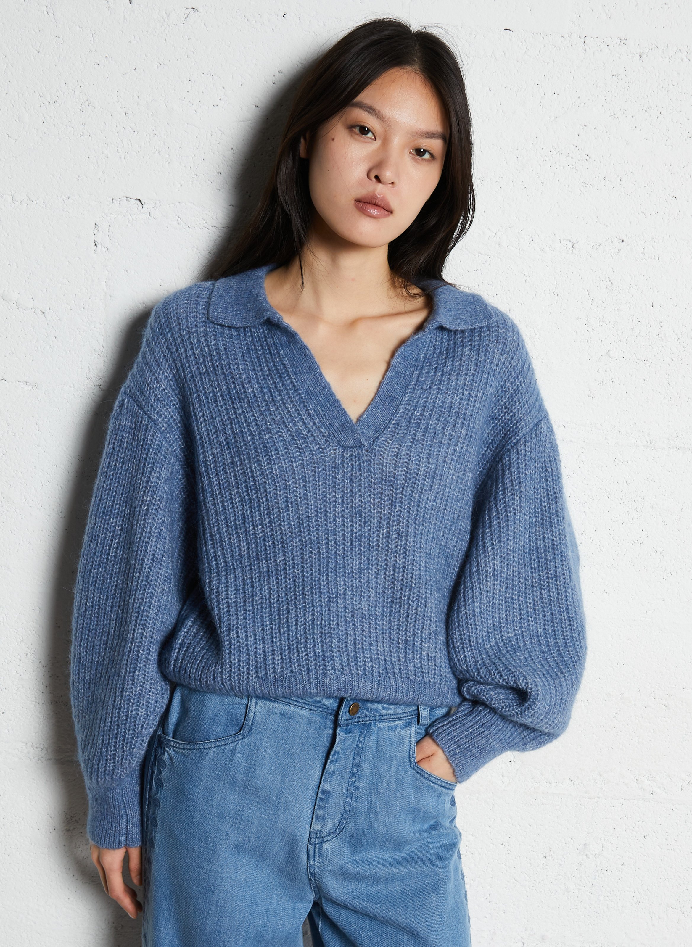 Pull col polo ample en maille unie LOUISE MISHA Bleu