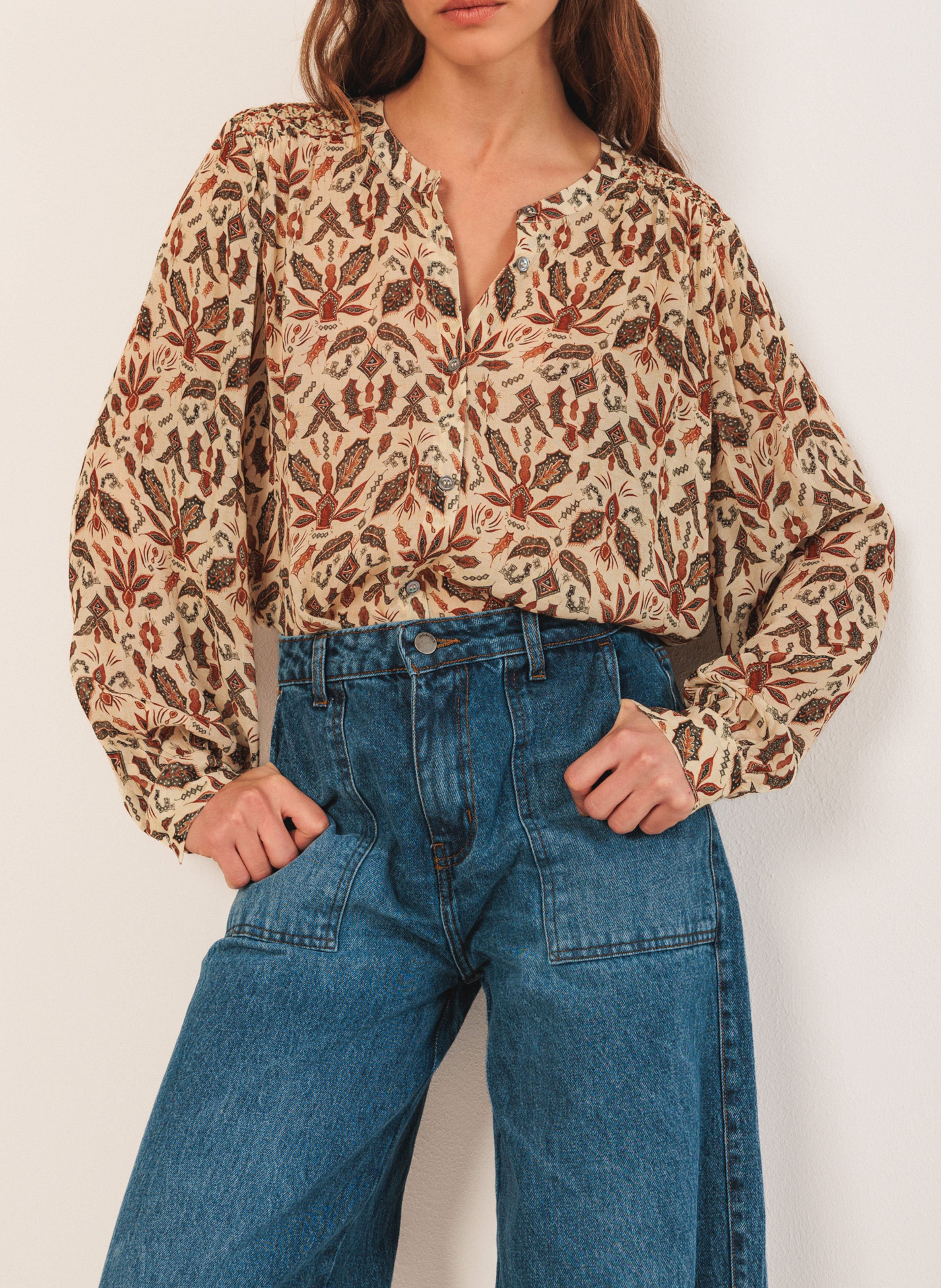 Chemise ample col tunisien imprimée INDI & COLD Beige