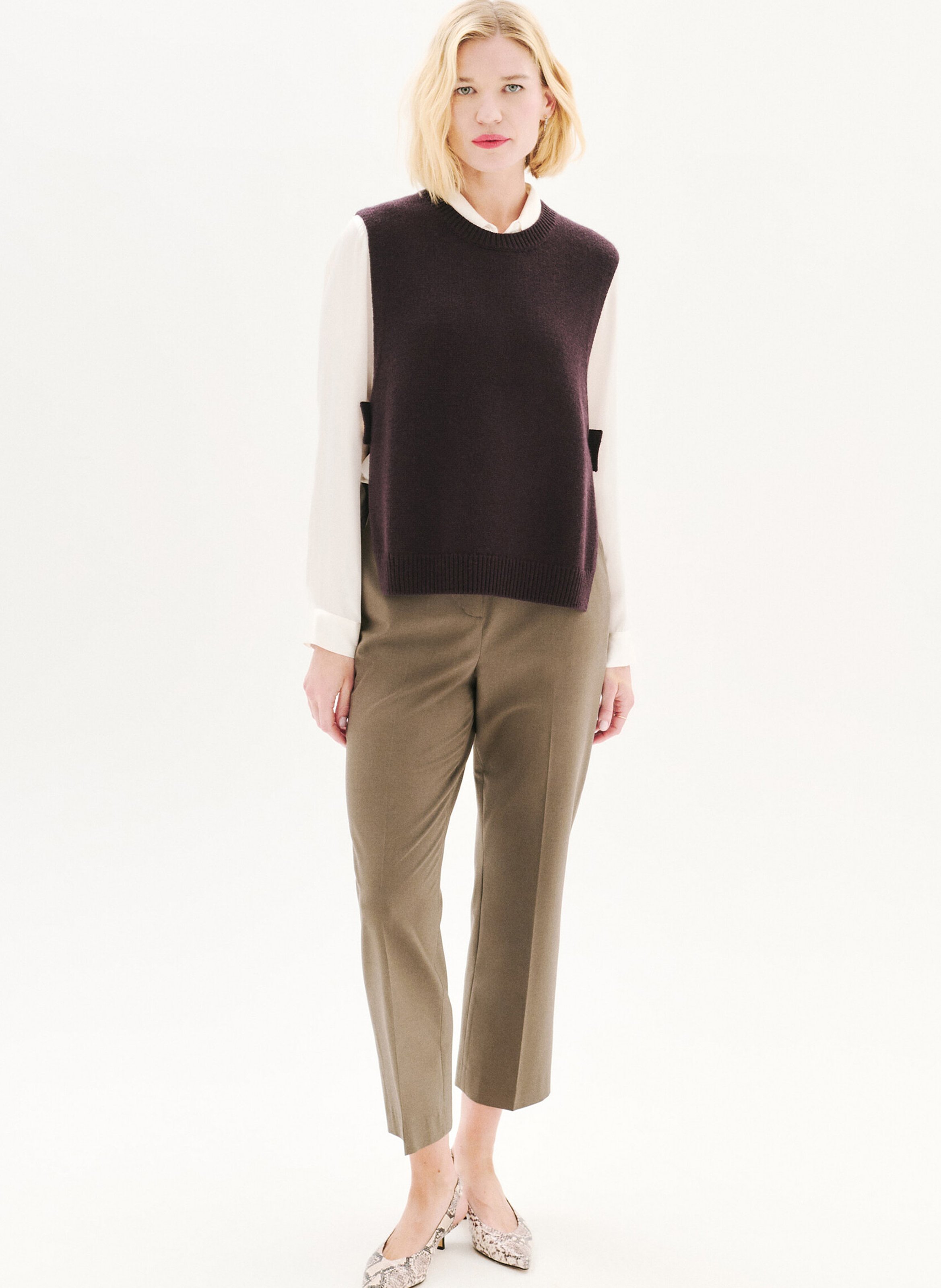 Poncho col rond en laine mélangée CAROLL Marron