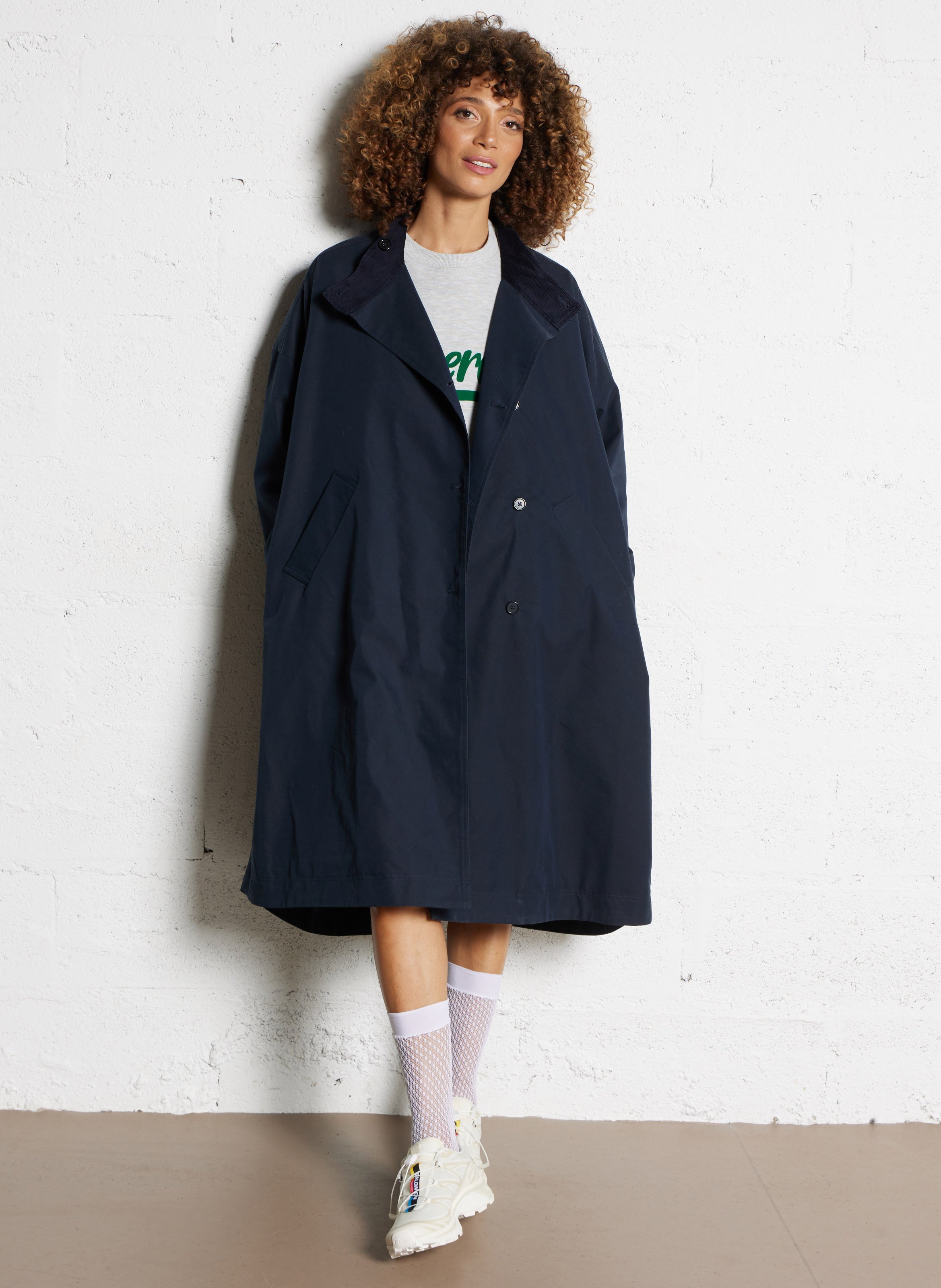 Long manteau col rond en coton mélangé BELLEROSE Bleu