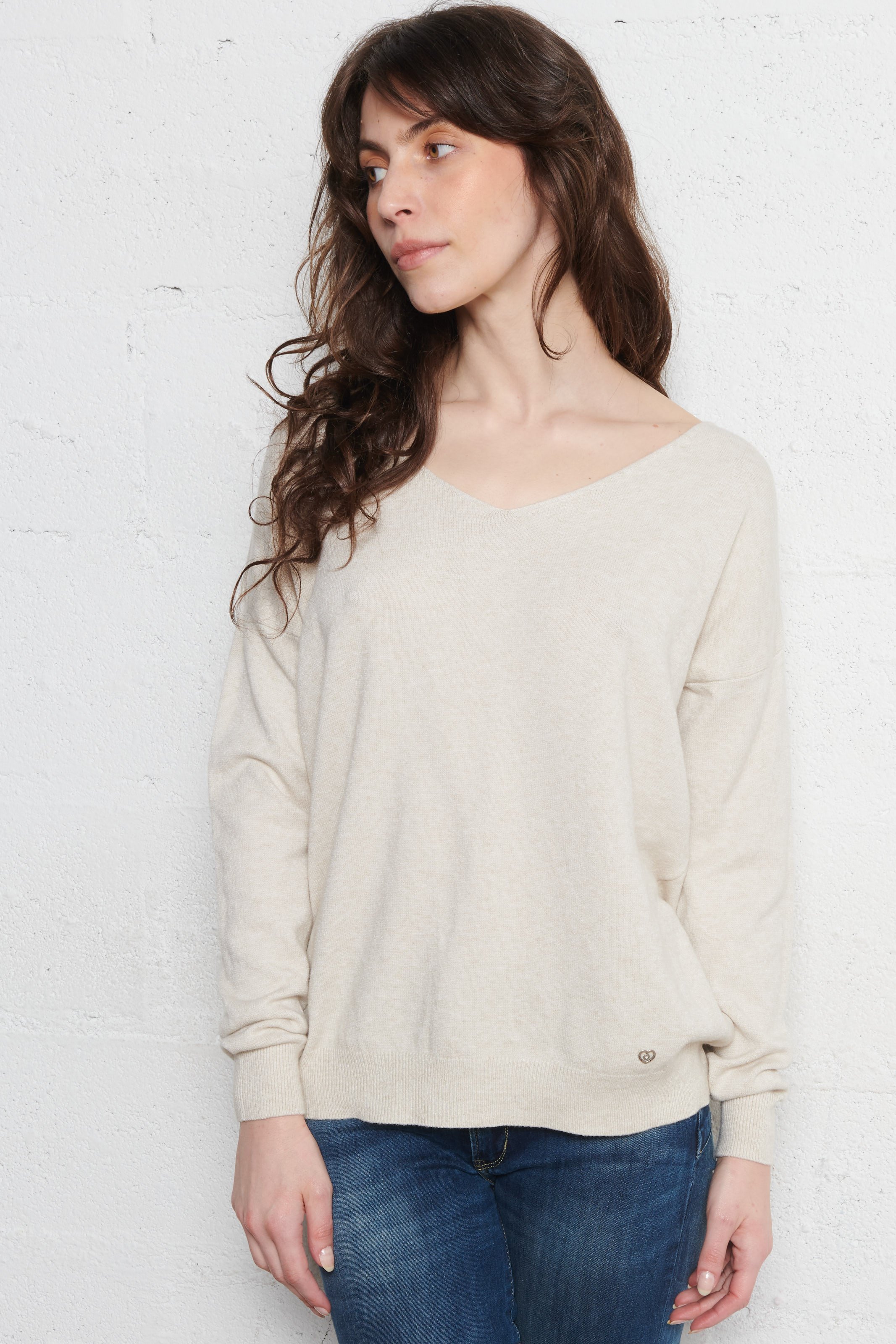 Pull droit col V uni PLEASE Beige