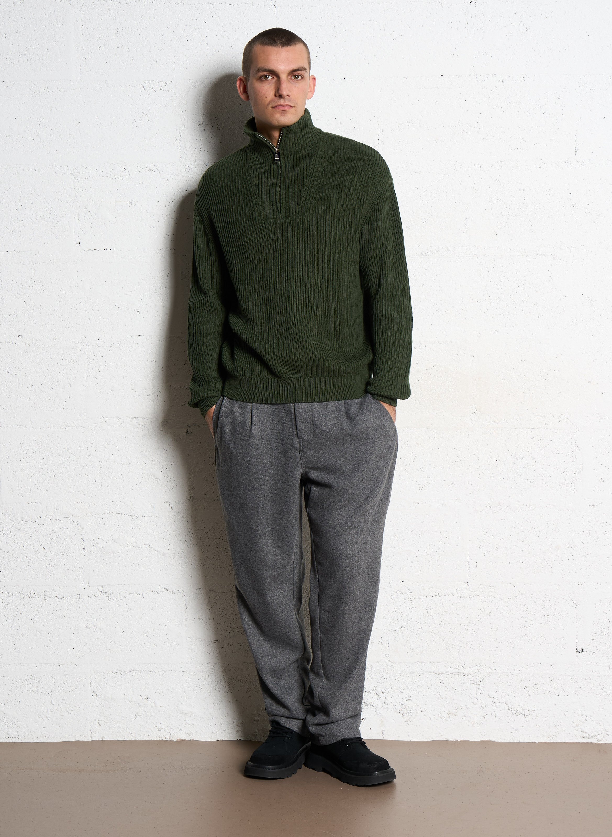 High-neck straight-cut cotton sweater SOLID Green