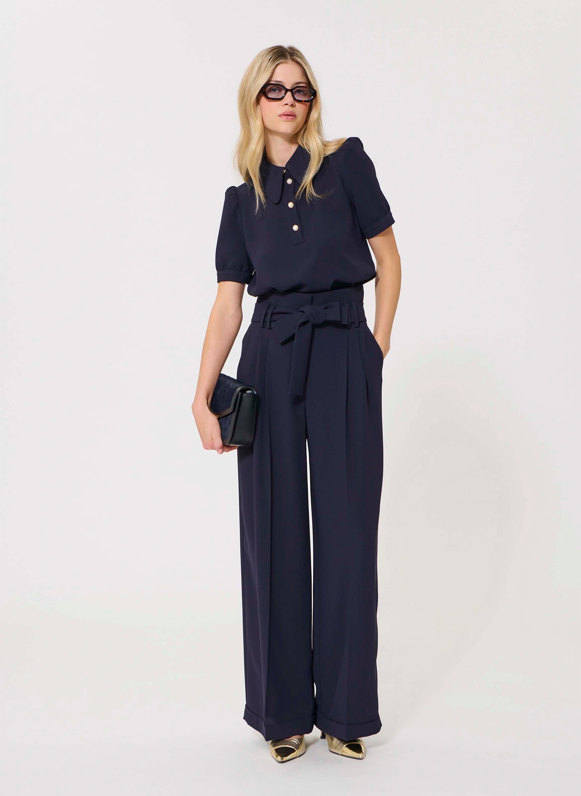 Pantalon taille haute ceinturé uni TARA JARMON Bleu