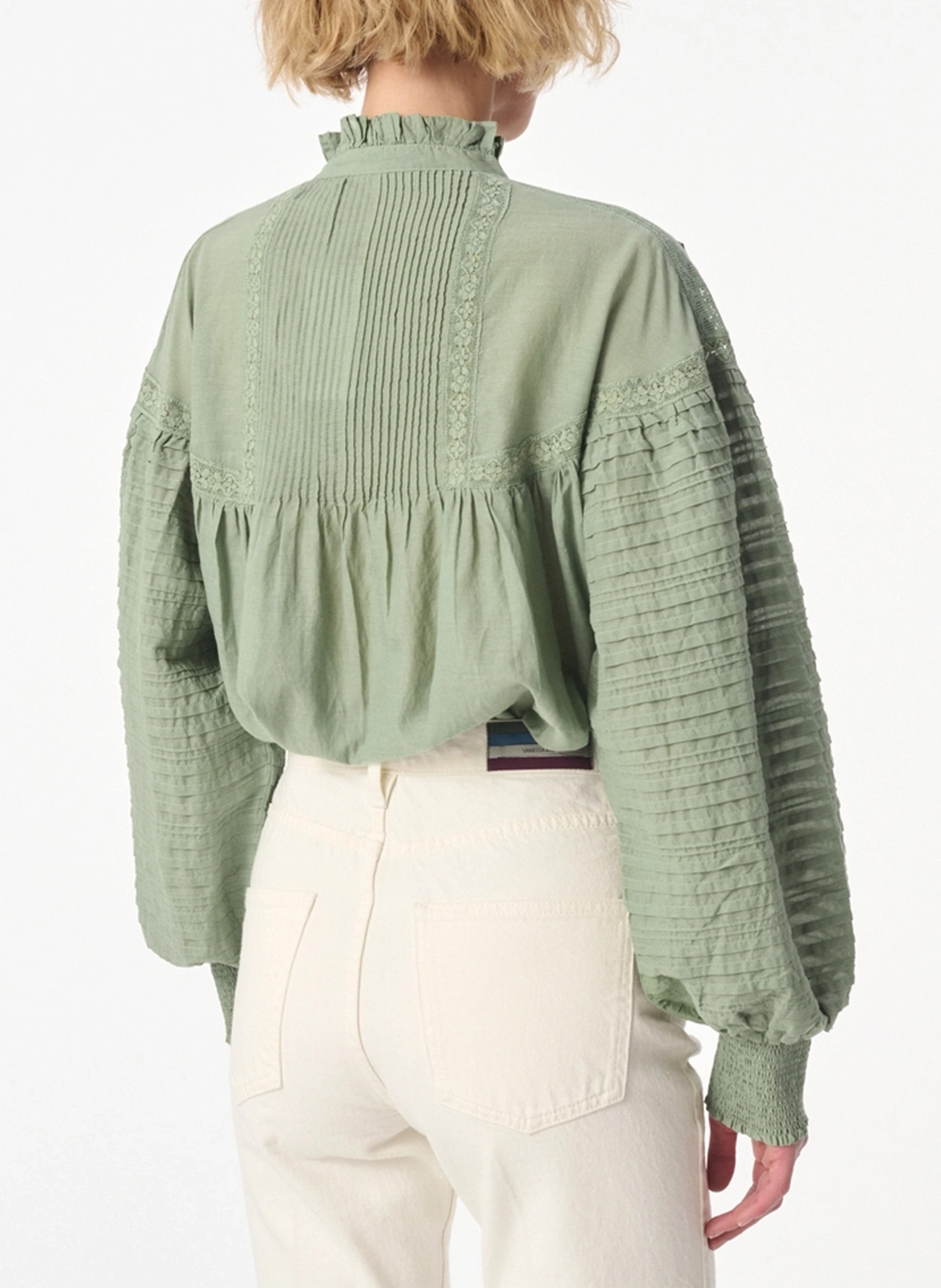 Straight Victorian collar blouse in blended cotton Green