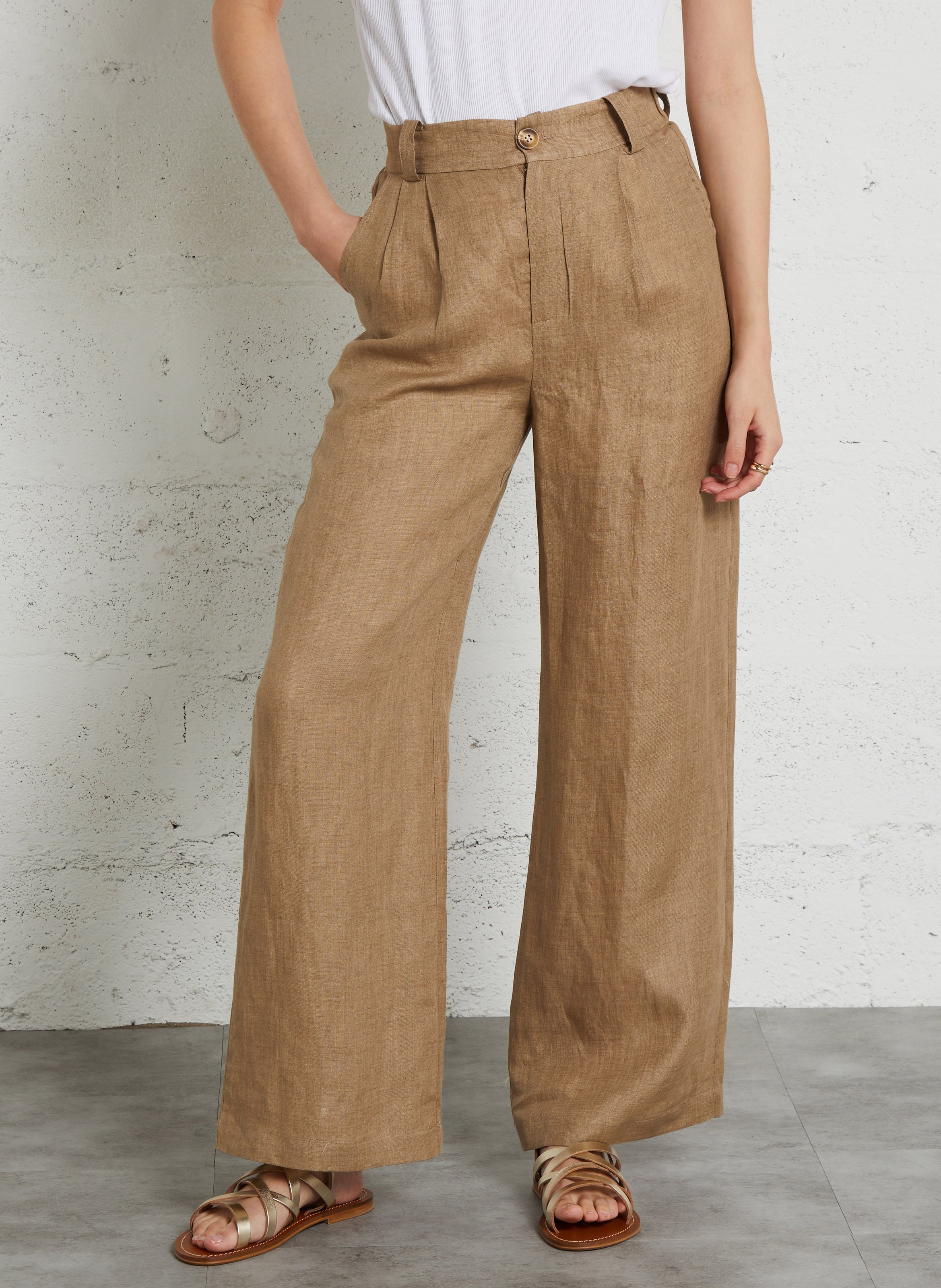 Broek met wijde pijpen van linnen SEE U SOON Beige