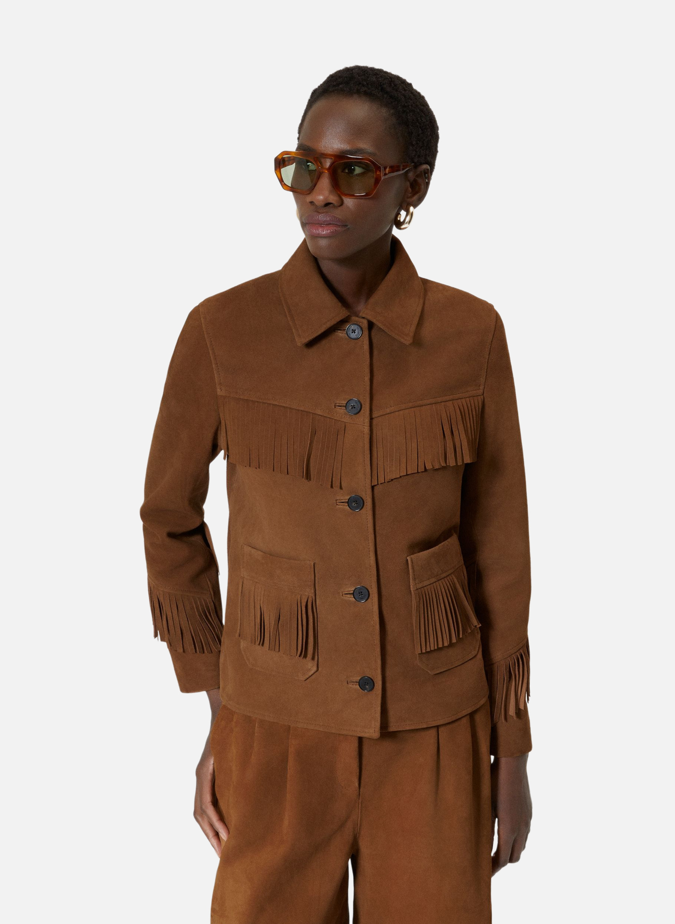 Blouson en cuir suède avec franges THE KOOPLES Marron