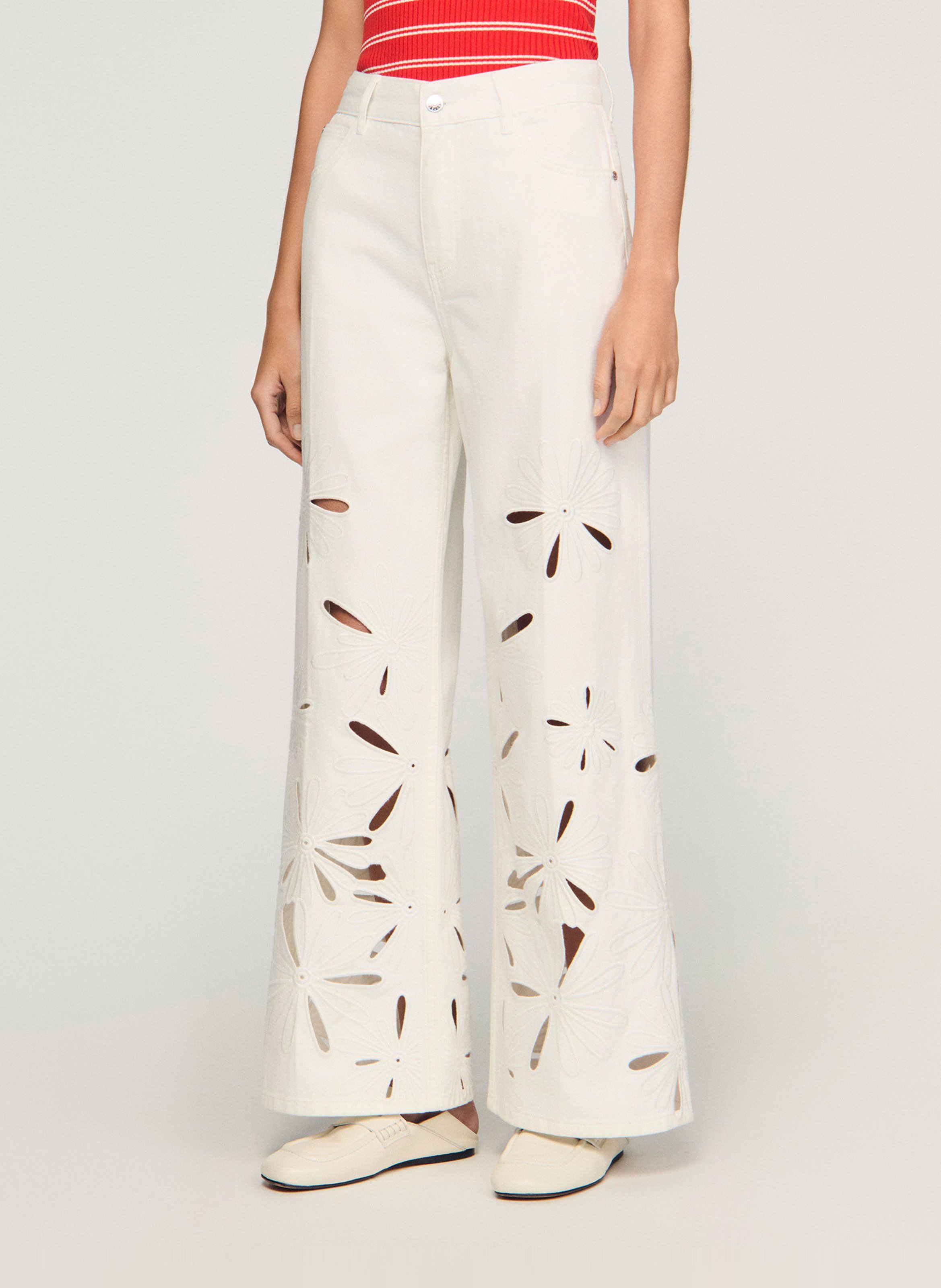 Jean large brodé en coton SANDRO Blanc