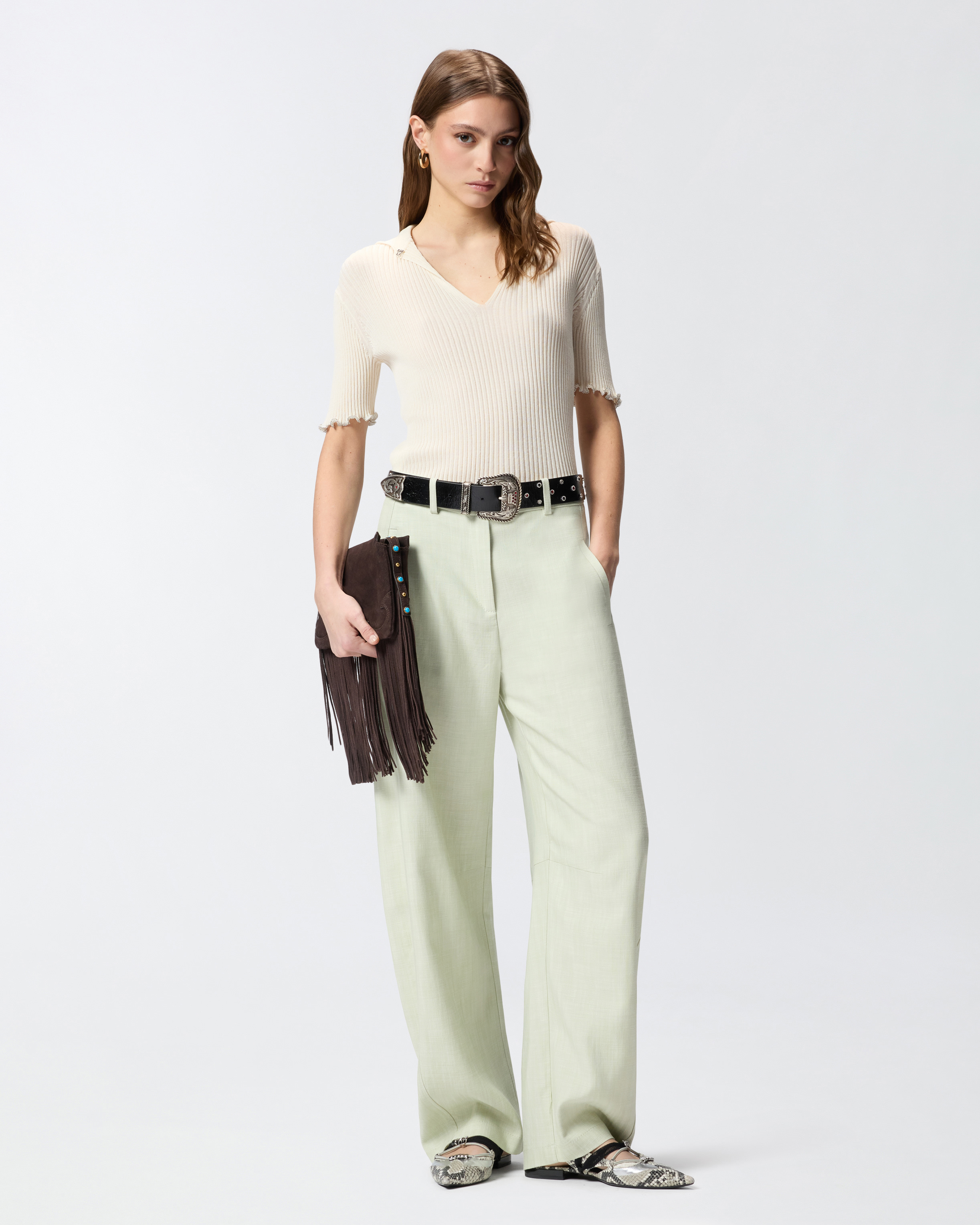 T-shirt côtelé à bords bijoux PINKO Blanc