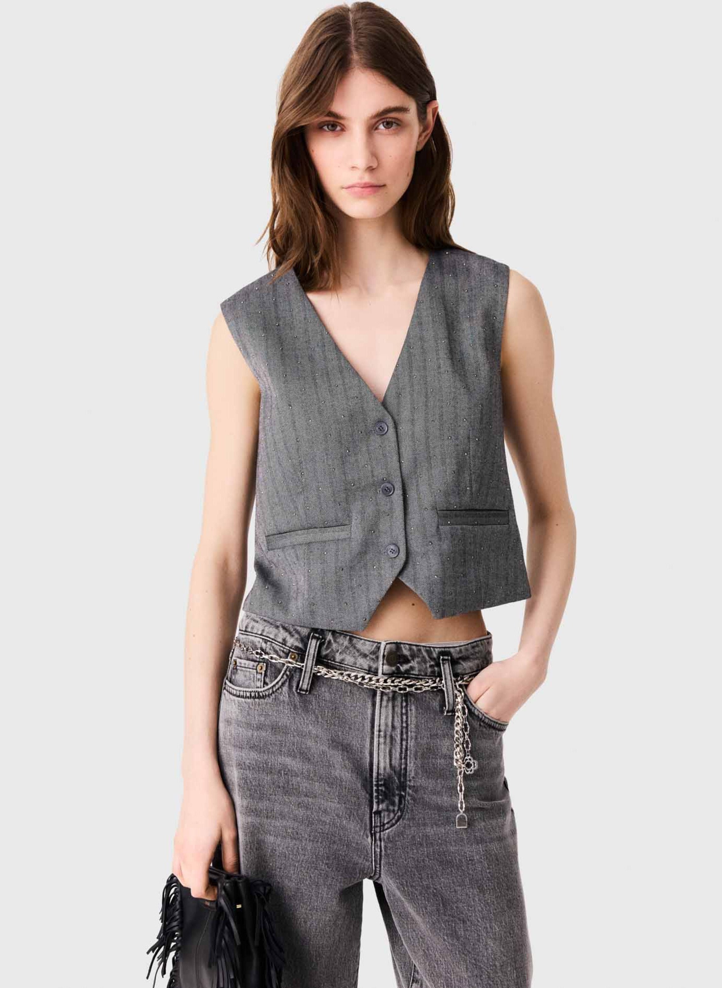 Gilet tailleur col V rayé MAJE Gris
