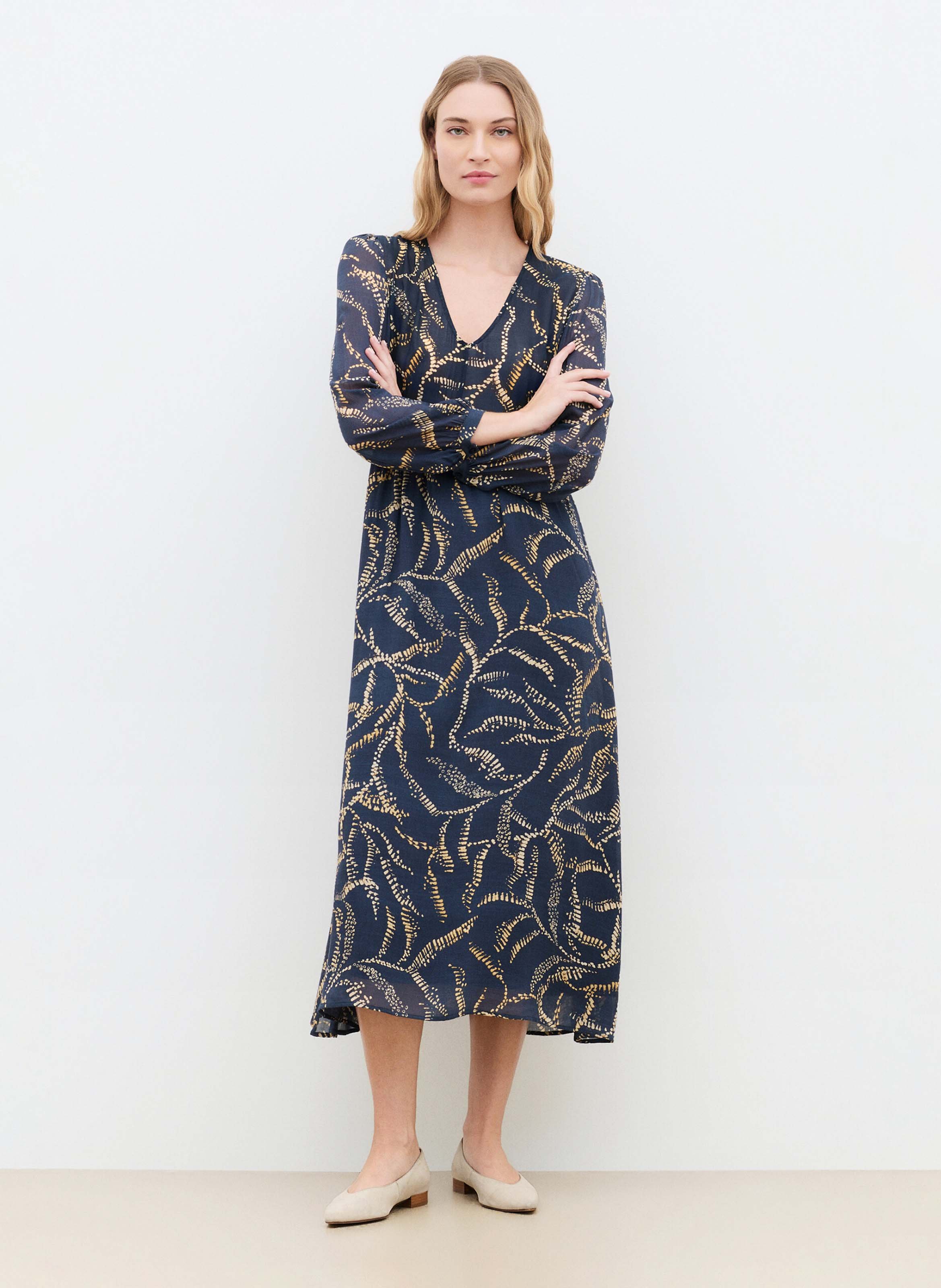 Lange jurk met V-hals en print CAROLL Blauw
