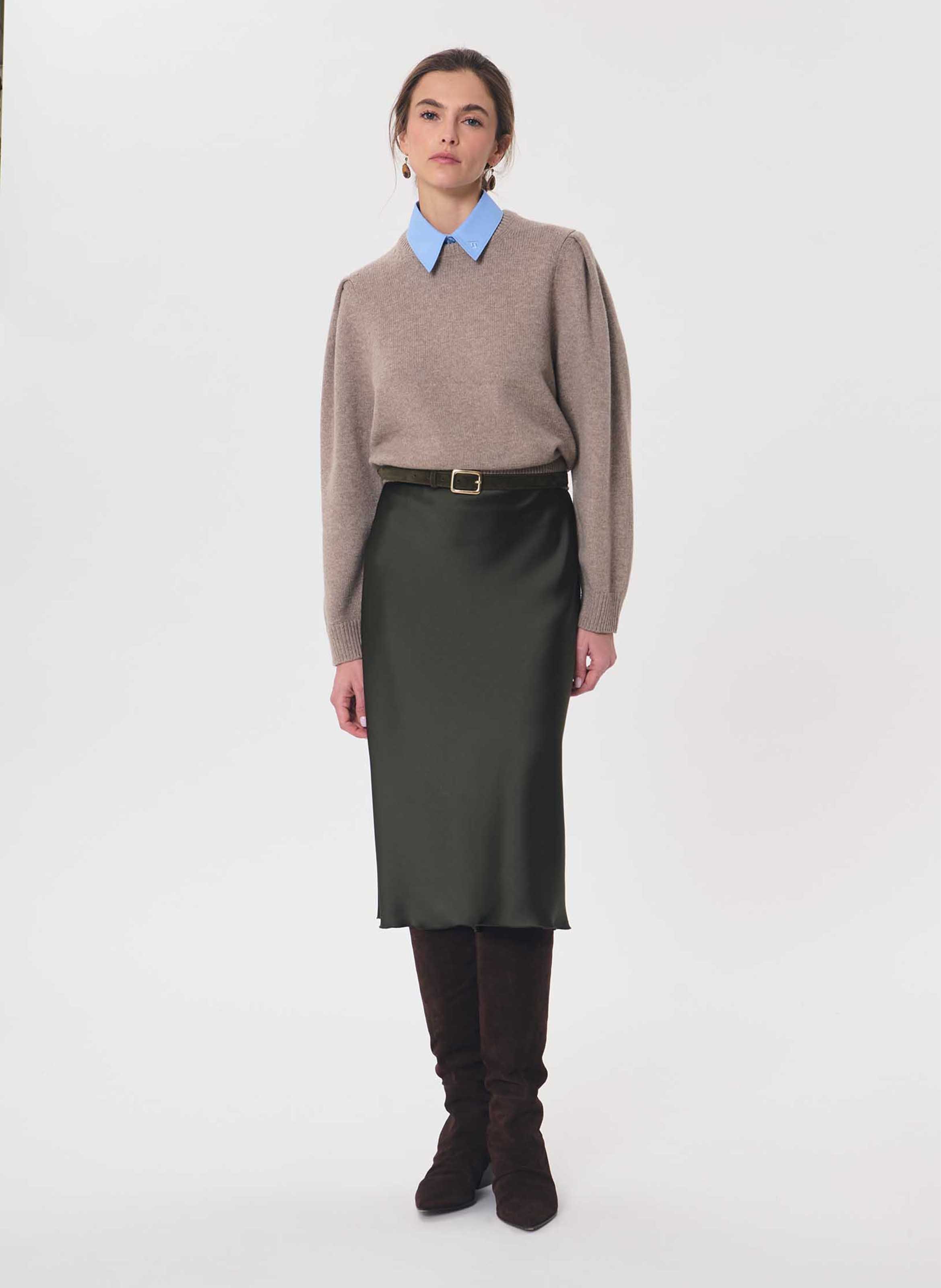 Round neck solid color wool blend sweater TARA JARMON Brown