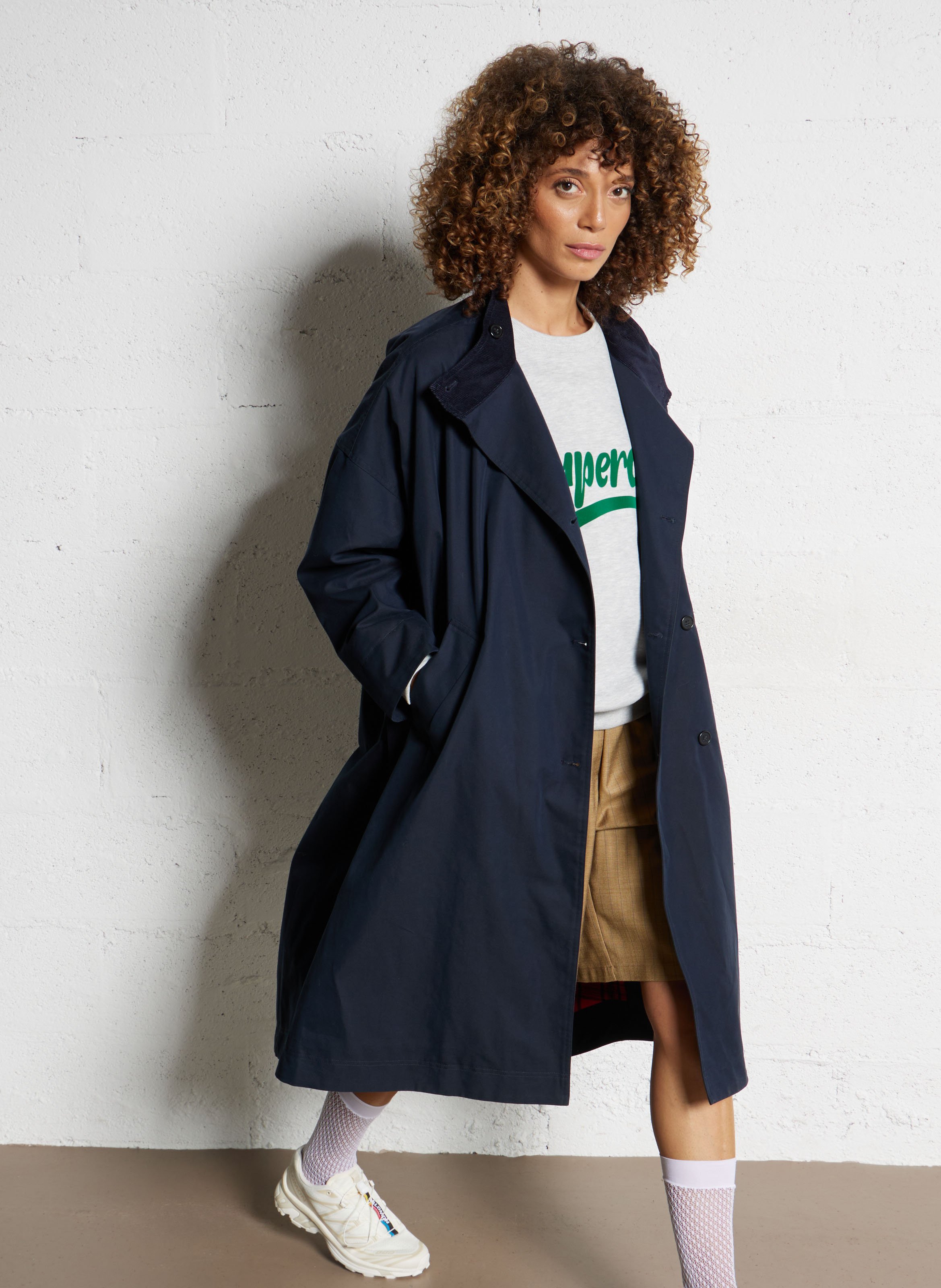 Long manteau col rond en coton mélangé BELLEROSE Bleu