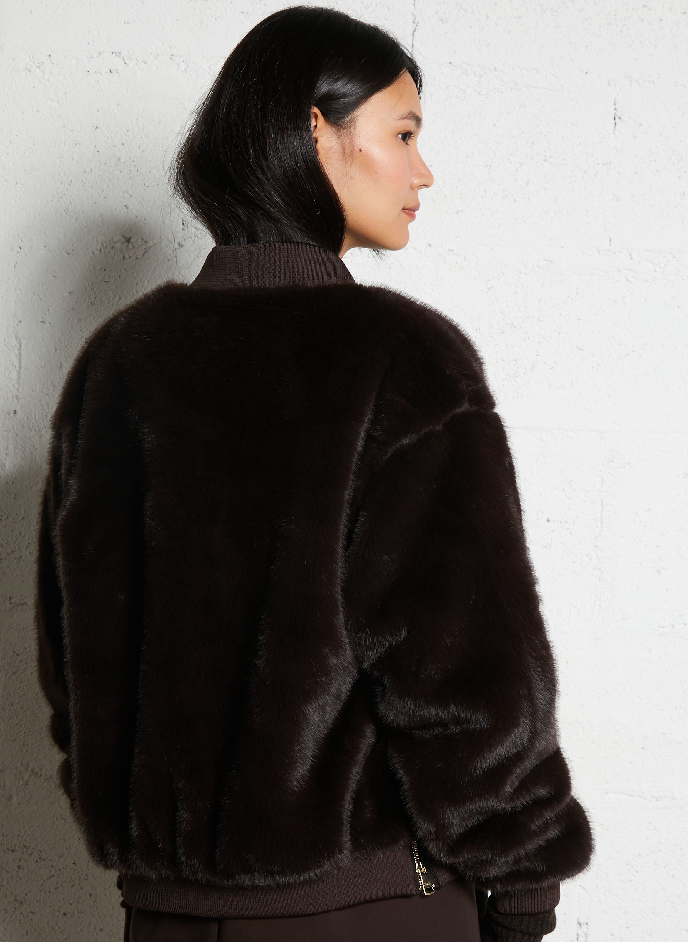 Blouson zippé en fausse fourrure unie BOMBERS ORIGINAL Marron