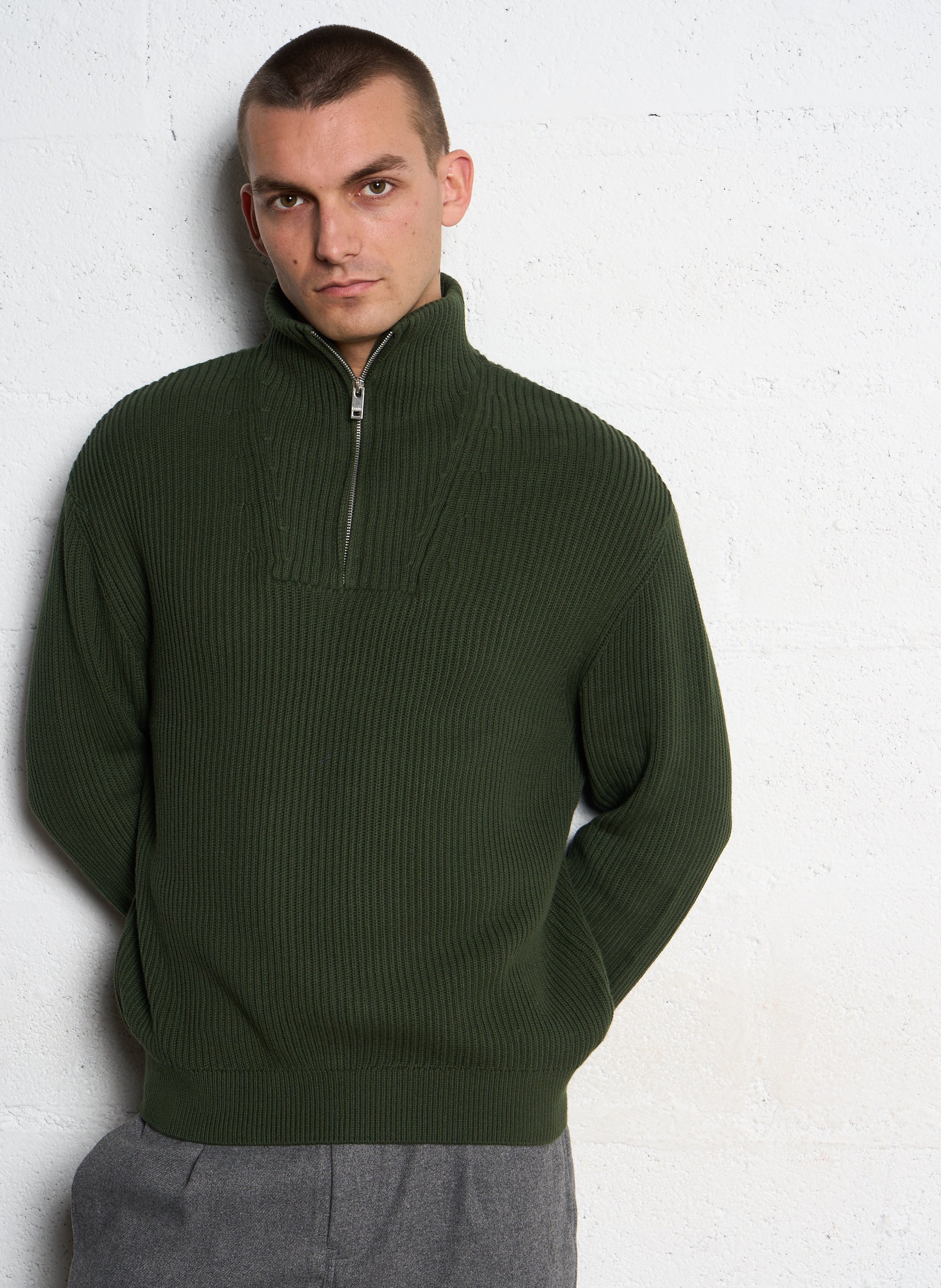 High-neck straight-cut cotton sweater SOLID Green