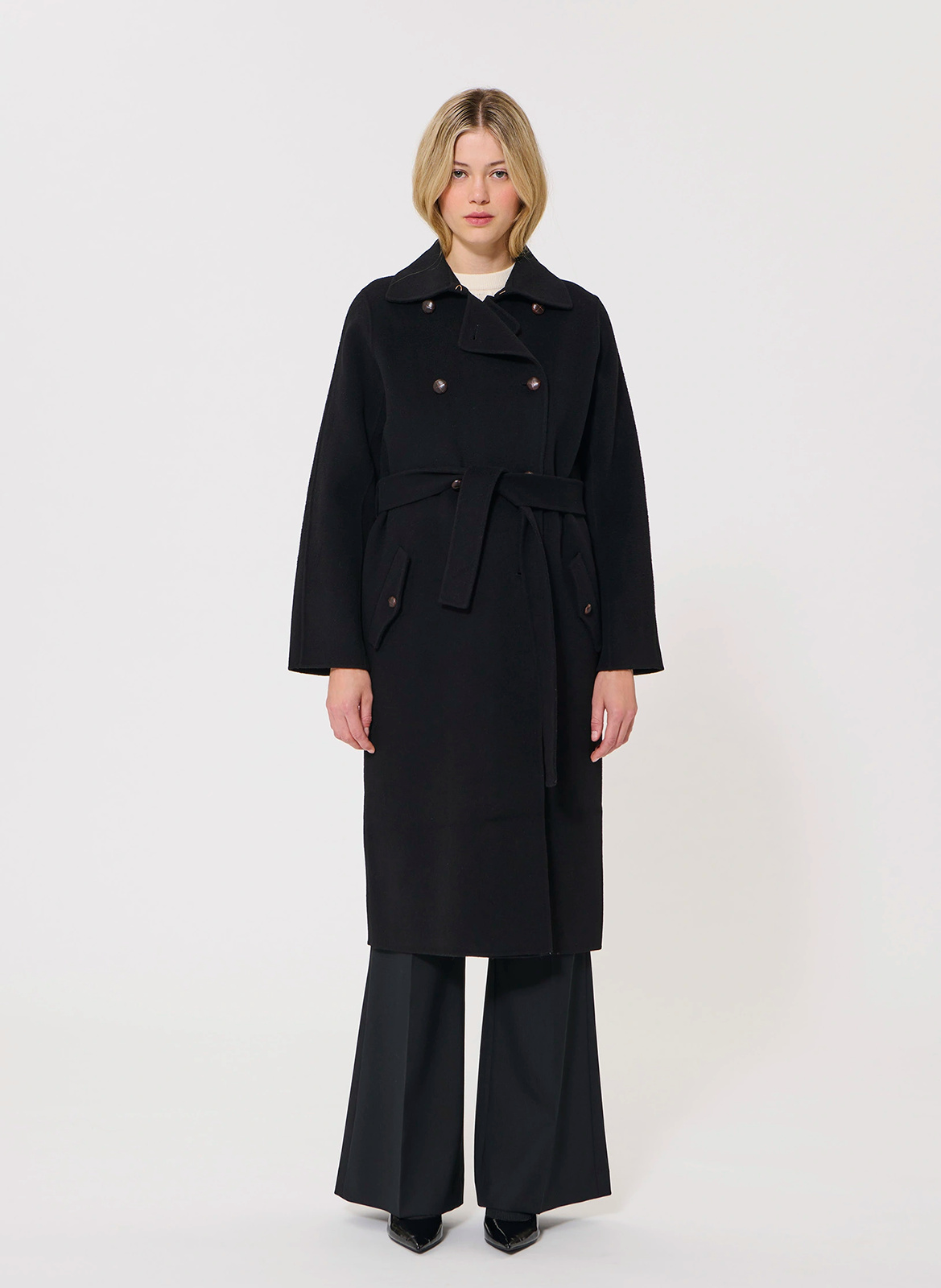 Effen, rechte, wollen jas met lange mouw TARA JARMON Zwart