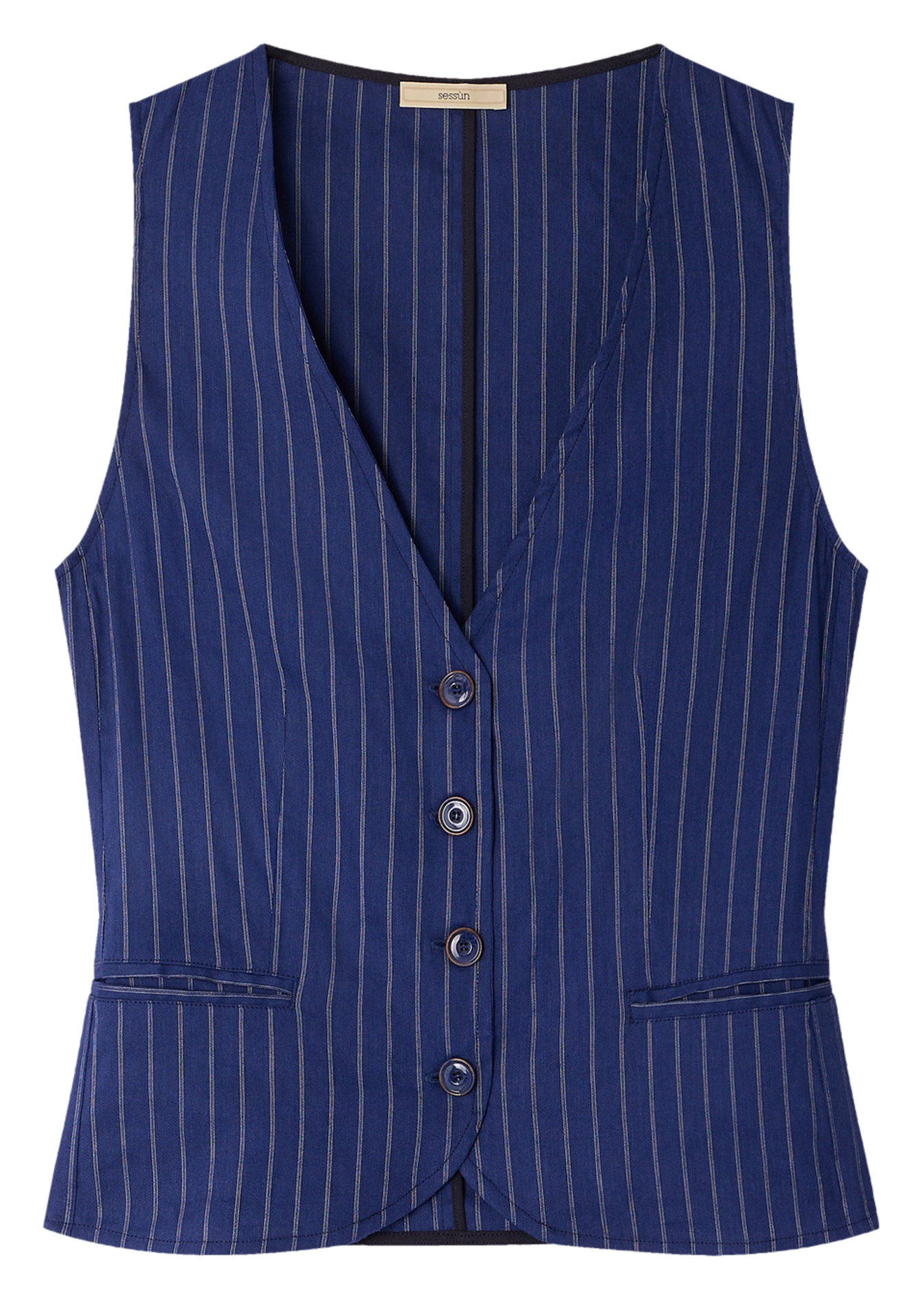 Cotton and lurex V-neck linen top SESSUN Blue