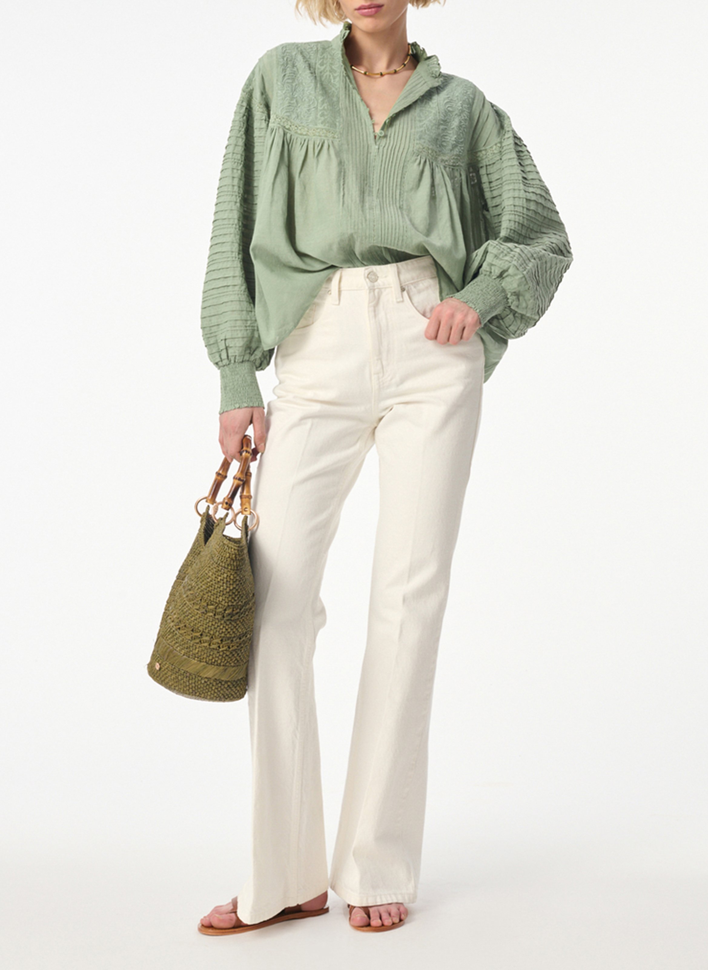 Straight Victorian collar blouse in blended cotton Green