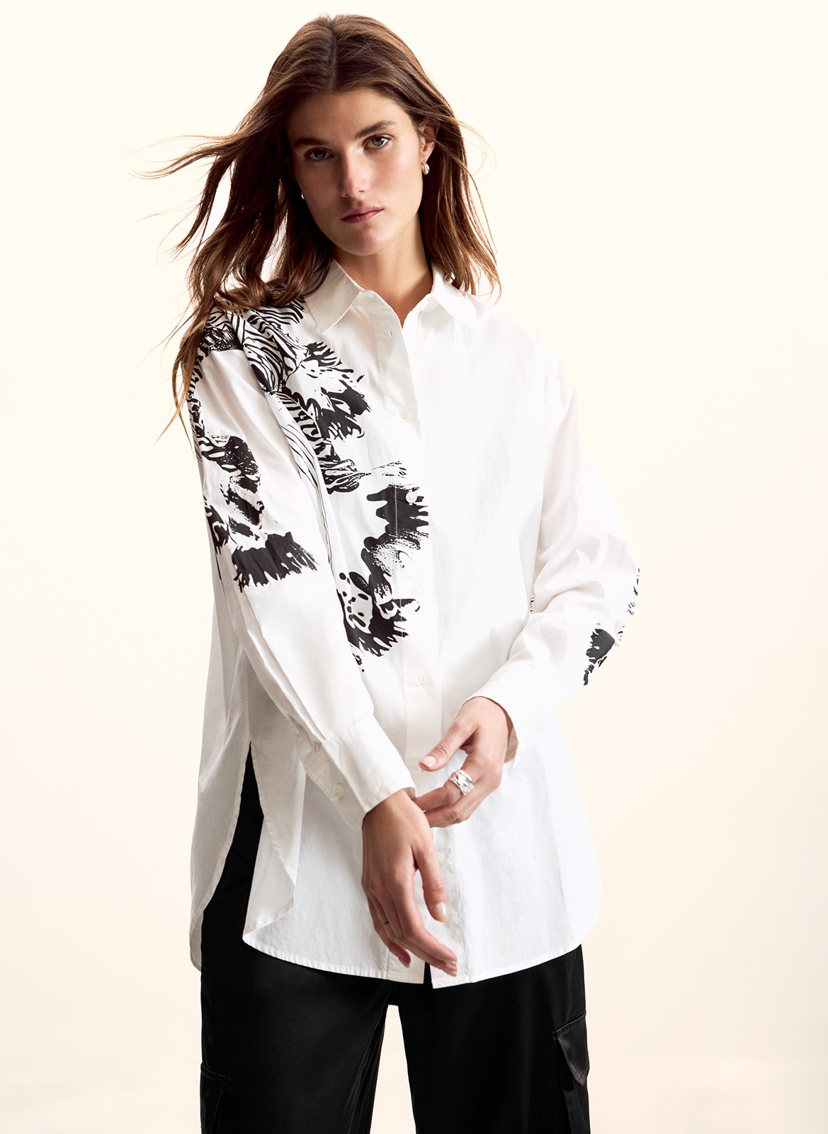 Oversized, katoenen blouse met klassieke kraag en print DESIGUAL Wit