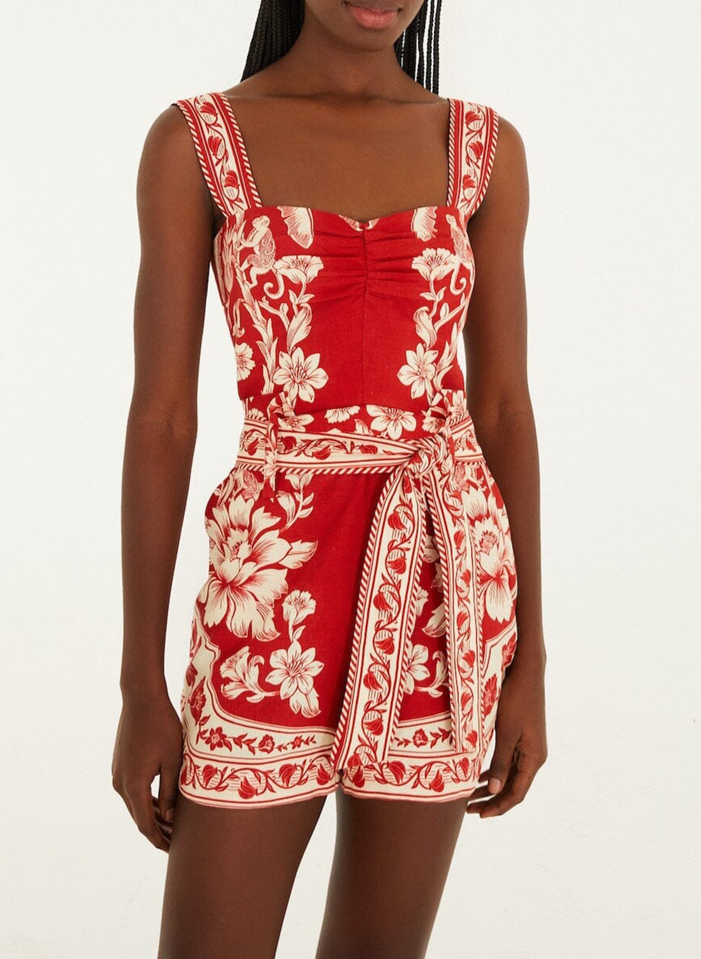 Printed short jumpsuit in blended linen. FARM RIO Red