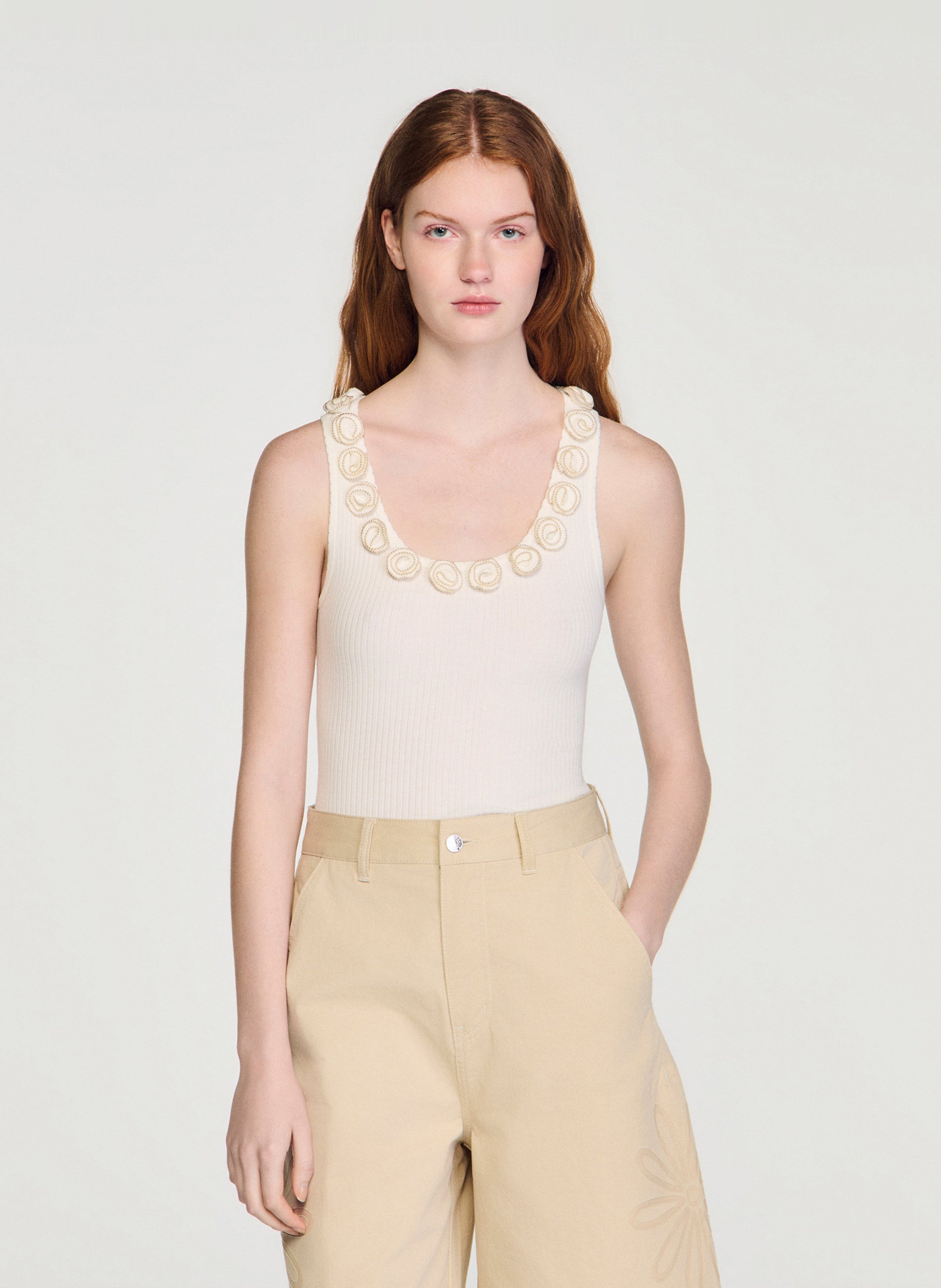 Top en maille côtelé SANDRO Blanc