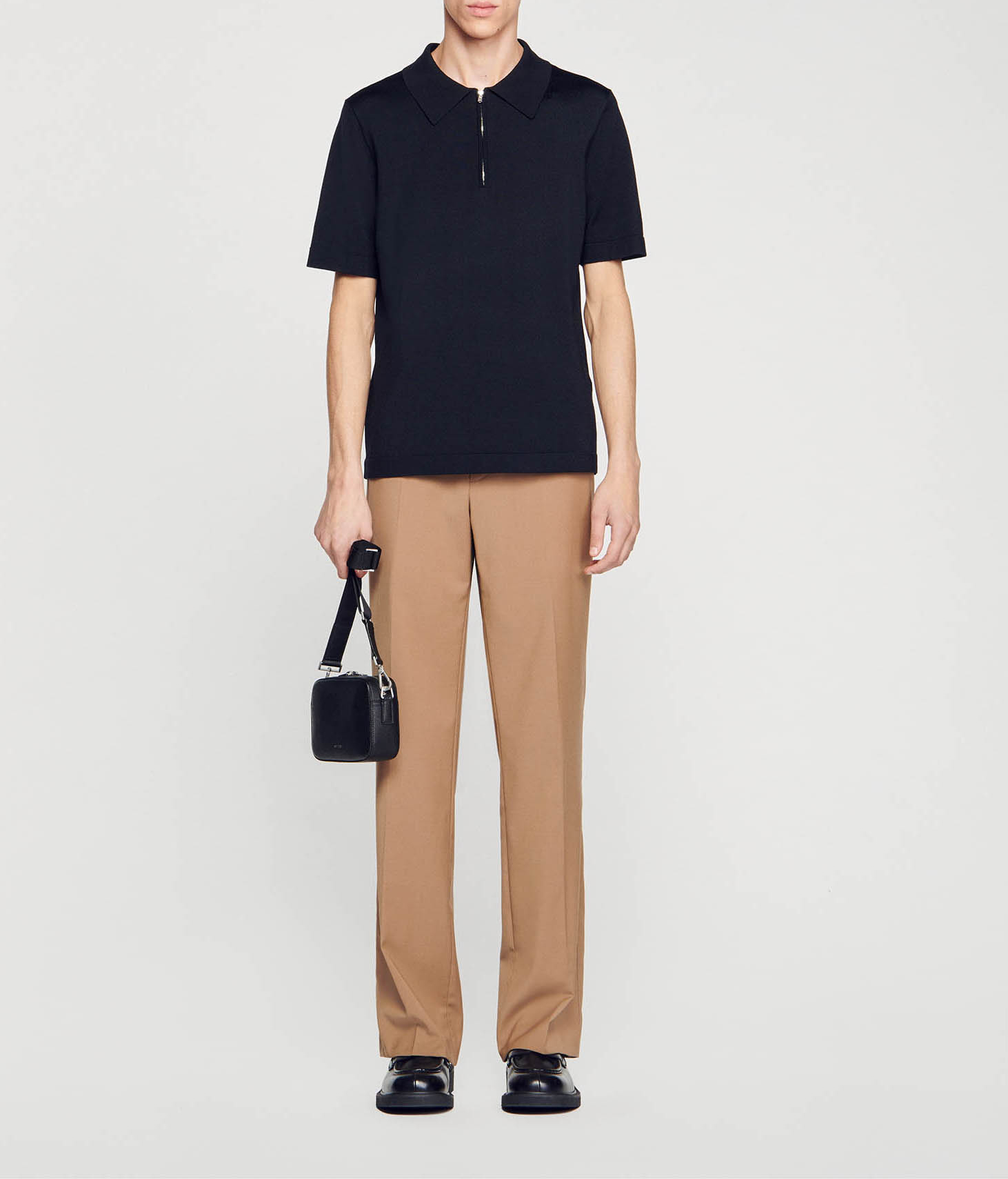 T-shirt manches courtes à col polo zippé SANDRO Noir