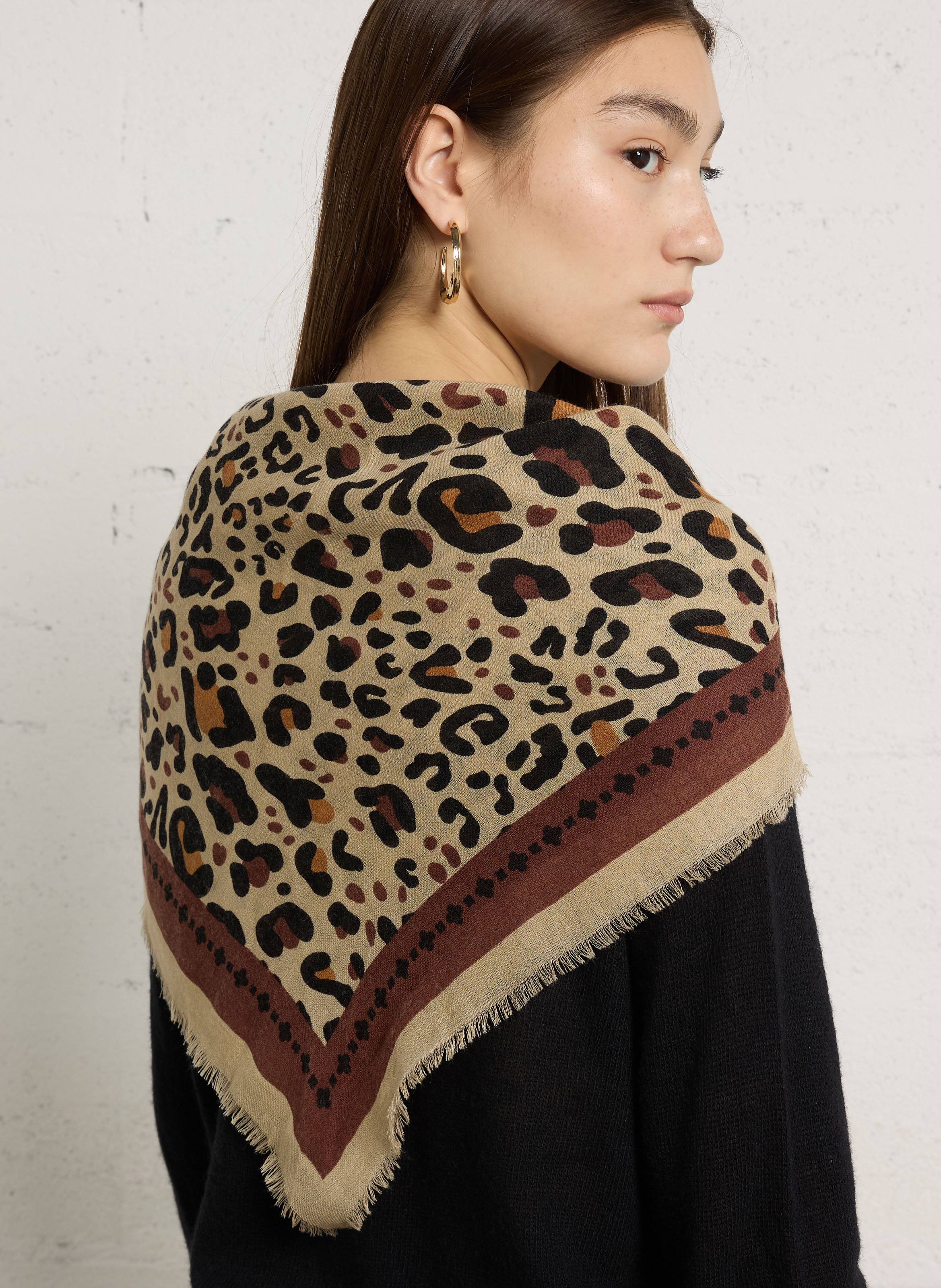 Haddock wool and silk printed scarf MAISON LECOMTE FLAMENT Brown