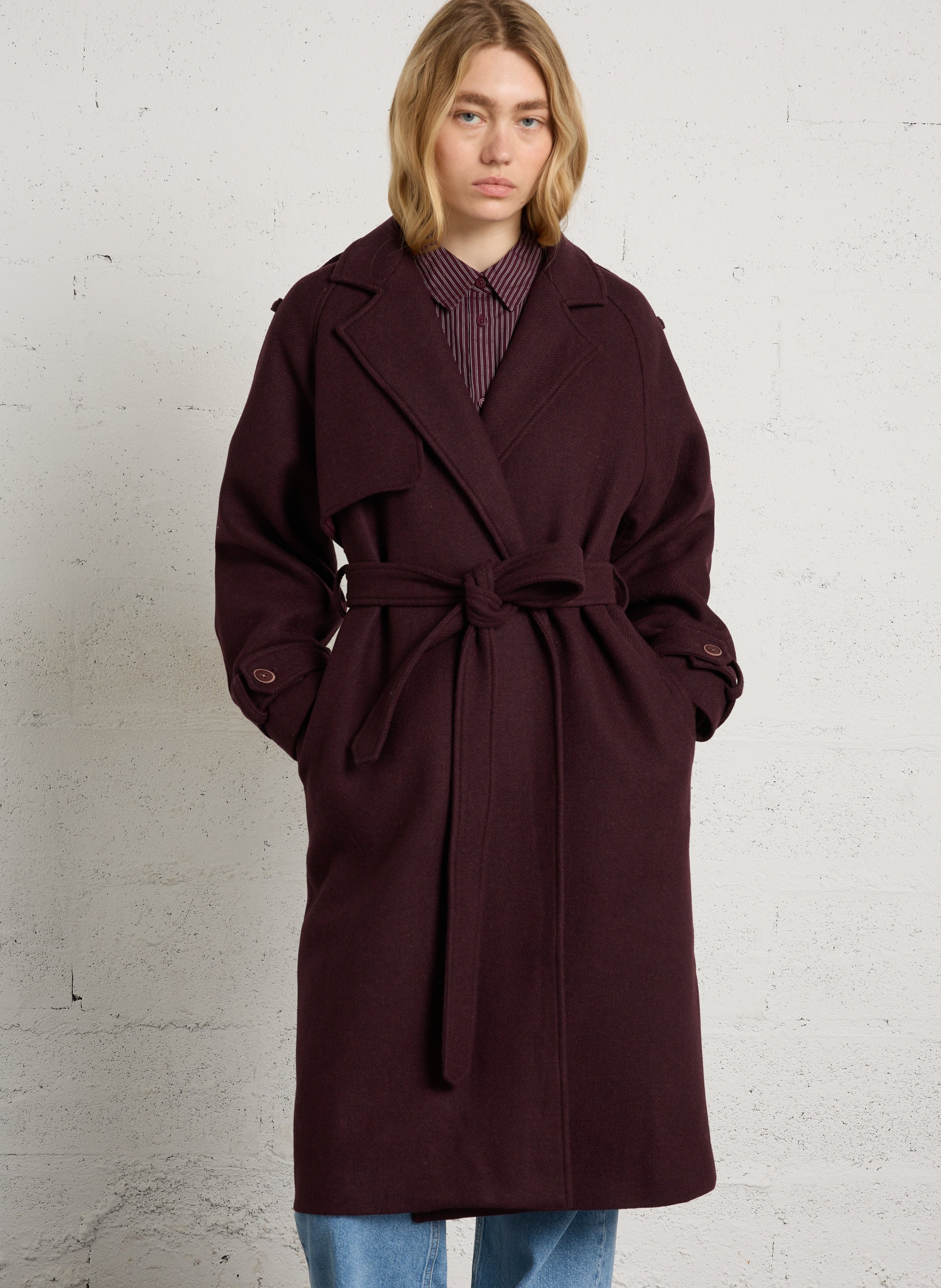 Manteau long ceinturé en laine mélangée THE NEW SOCIETY Rouge