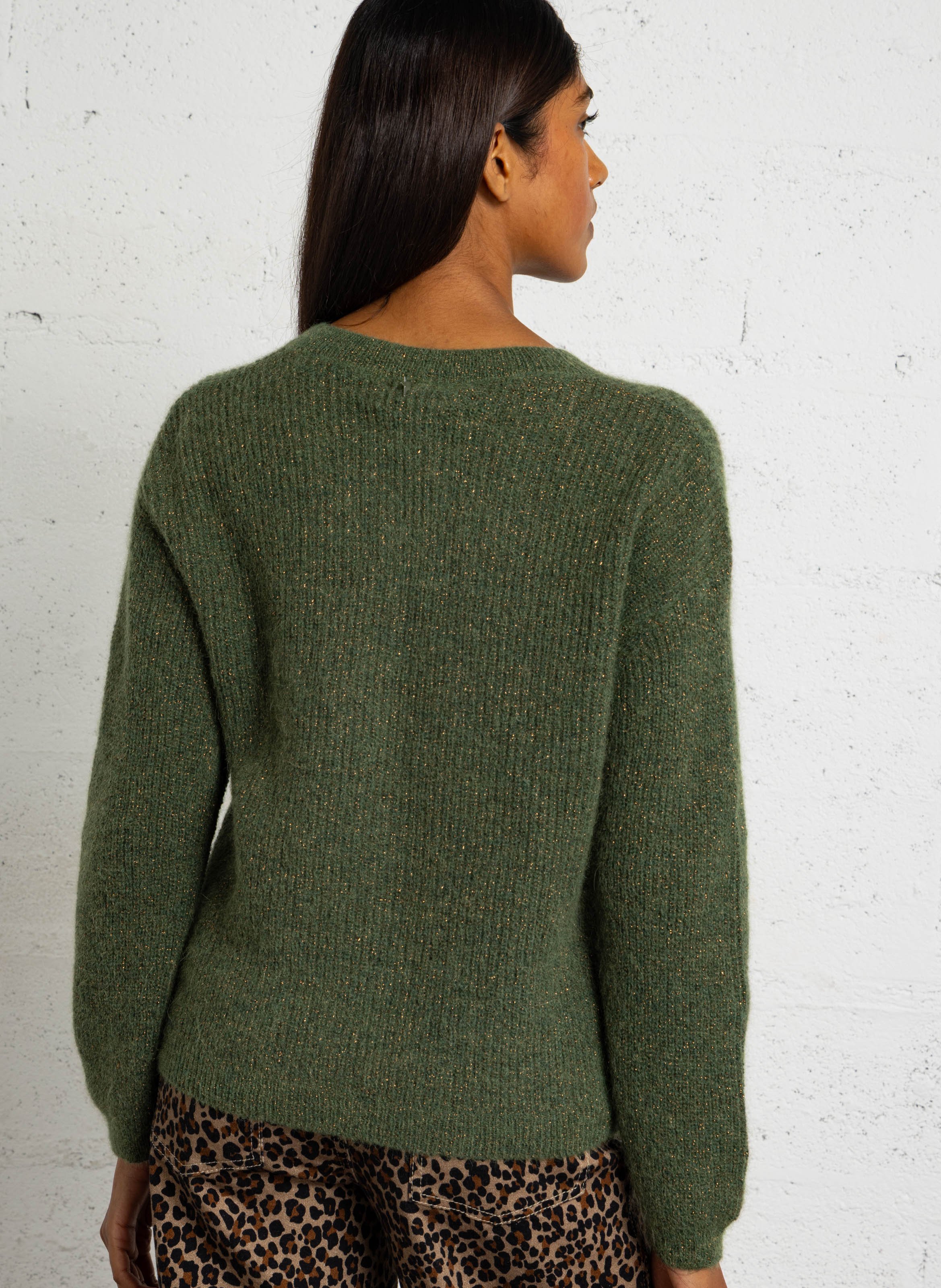 Loose-Fitting V-Neck Sequin Jumper in a Wool Blend SUD EXPRESS Khaki