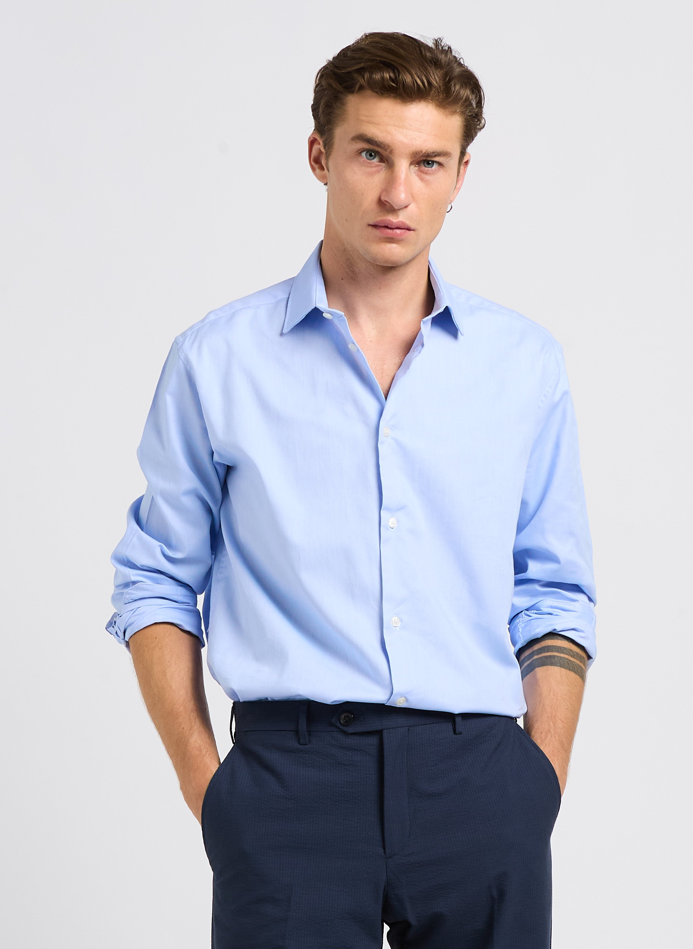 Straight cotton shirt with classic collar AU PRINTEMPS PARIS Blue