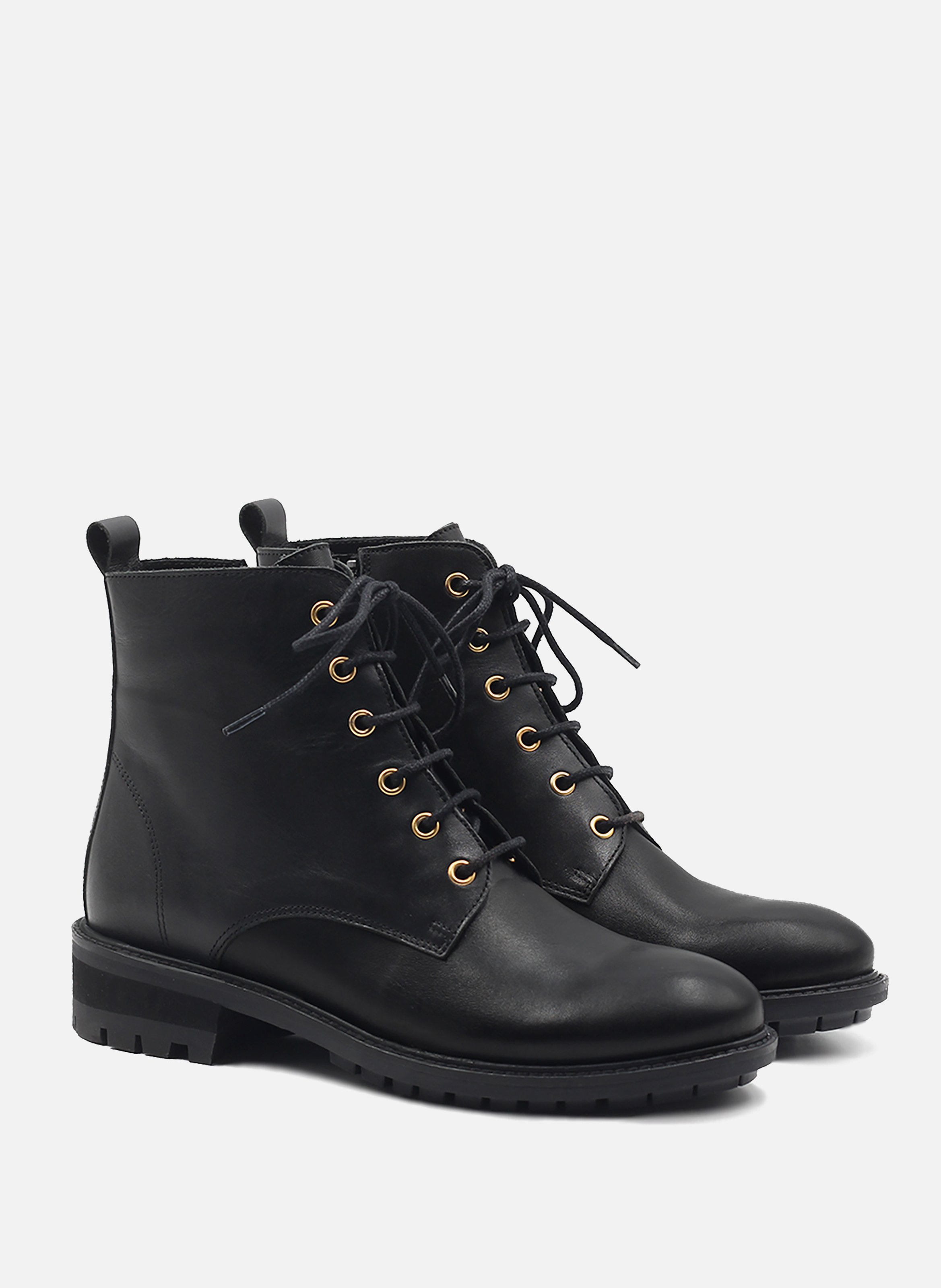 Lace-up flat leather mid-calf boots JULES & JENN Black