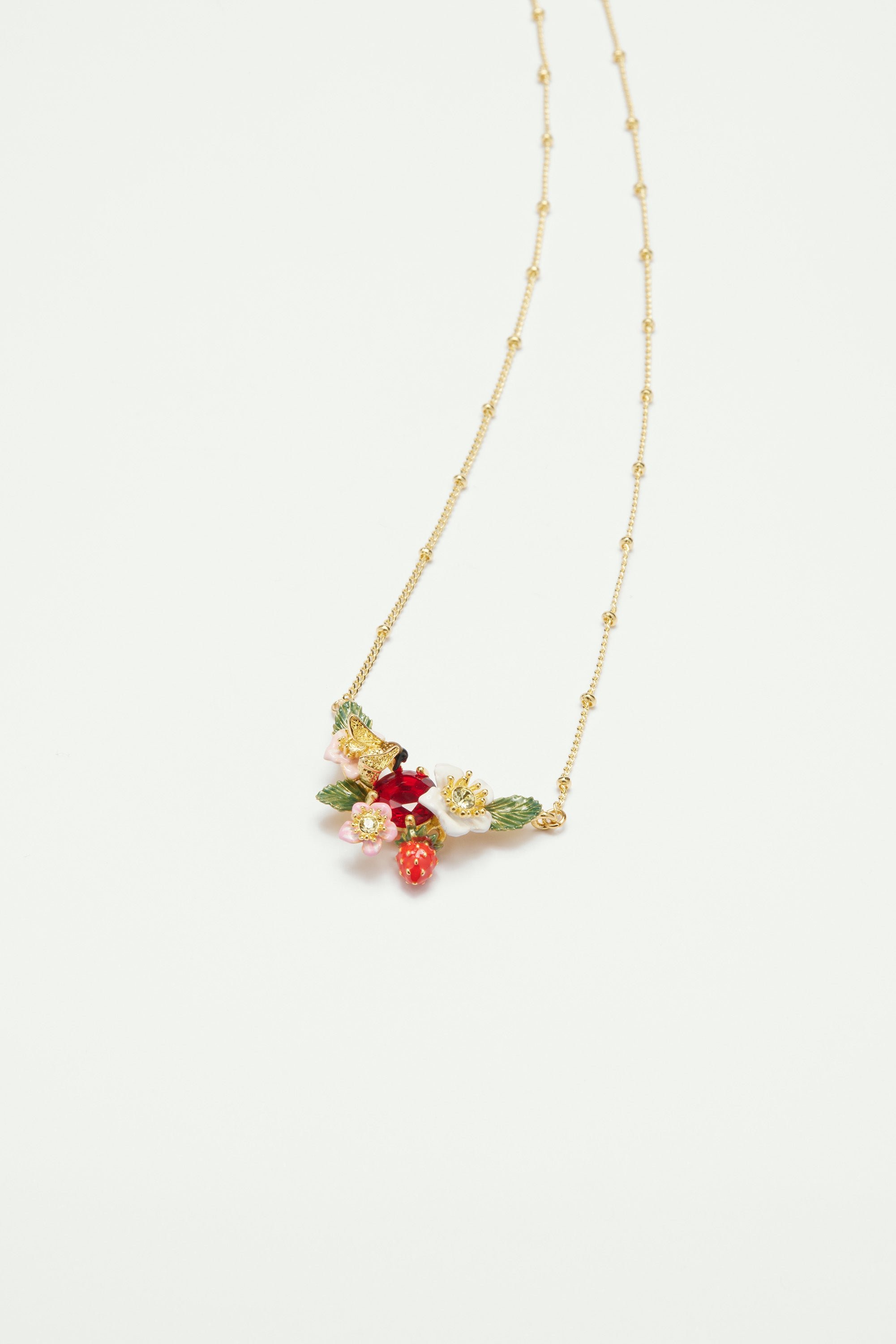 Wild strawberry, strawberry flower and bumblebee bib necklace LES NEREIDES Multicolored