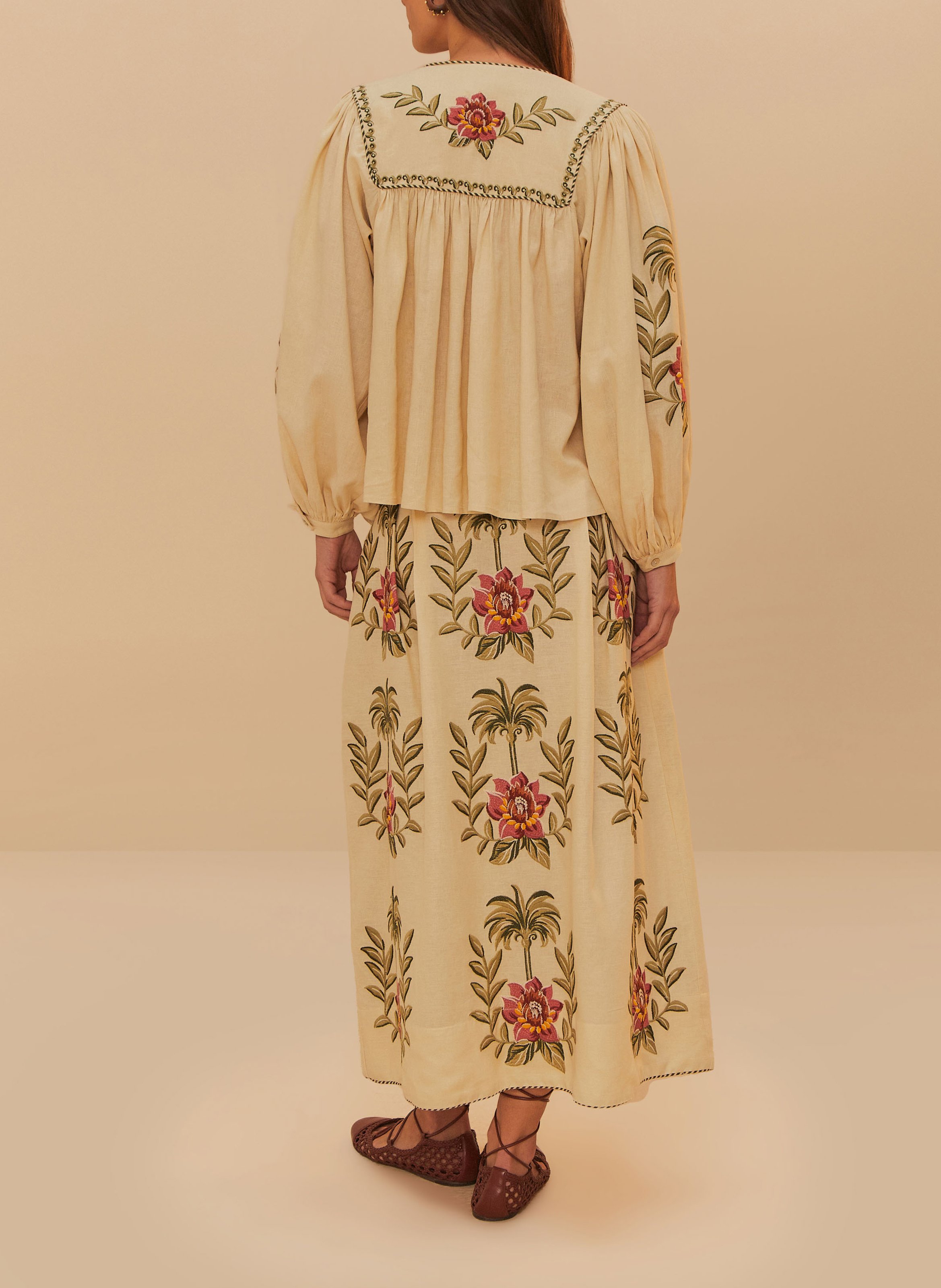 Jupe midi évasée à broderies FARM RIO Beige